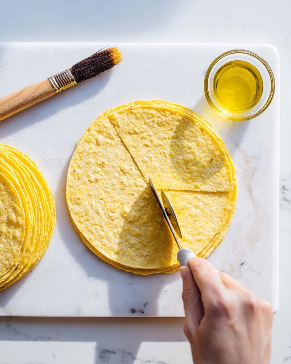 A stack of six flat yellow corn tortillas sits on the left side of a white marbled cutting board. In the middle, one tortilla is being cut into quarters with a round pizza cutter held by a woman's hand. The tortilla's texture is slightly rough with visible bubbles. To the right, there is a small clear glass bowl filled with yellow oil, and next to it, a wooden brush with dark bristles resting on the cutting board. The overall scene is bright with natural lighting and a clean, simple layout. photo taken with an iphone --ar 4:5 --v 7