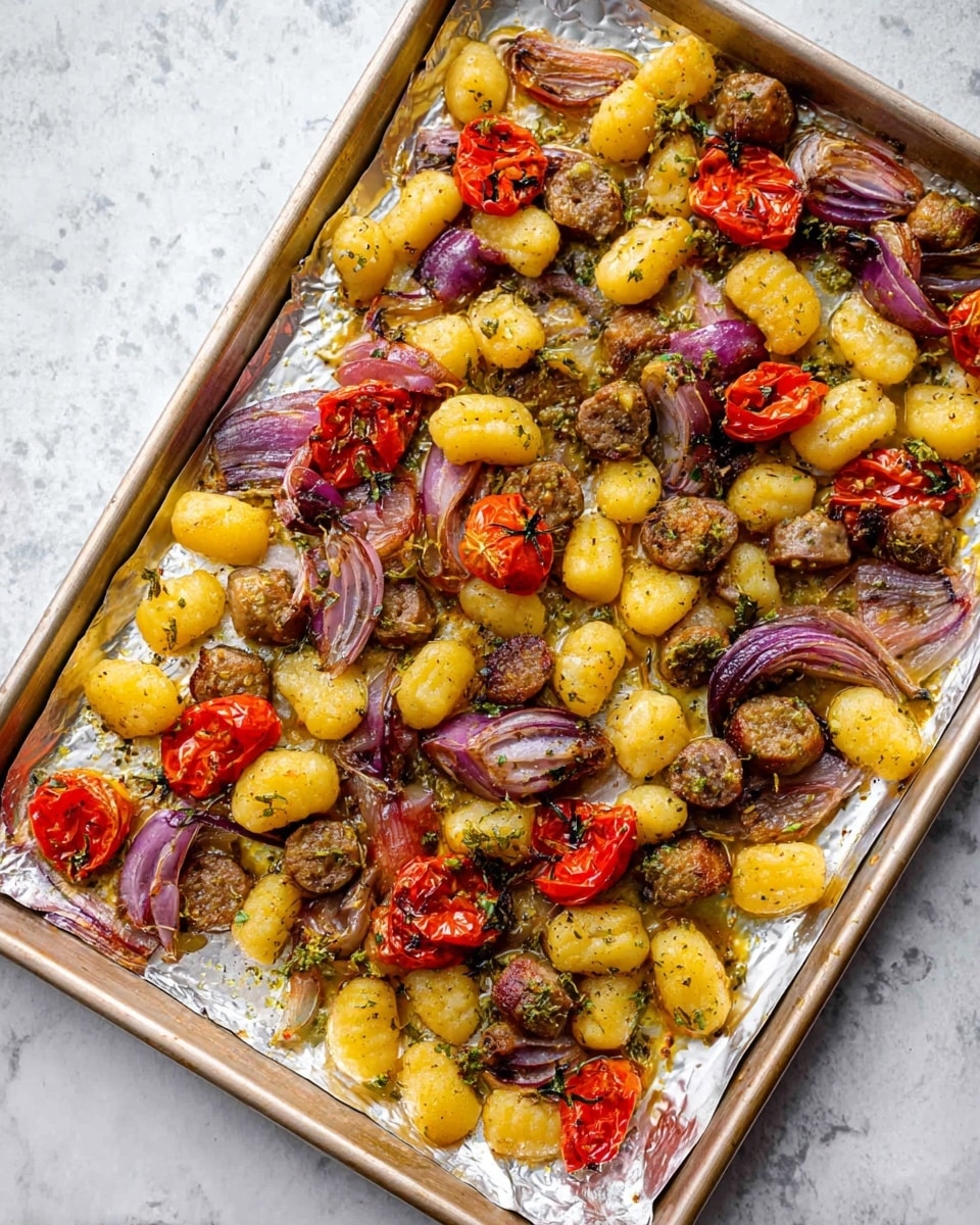 The image shows a white baking sheet lined with shiny aluminum foil, filled with a roasted mix of gnocchi, slices of sausage, red onion wedges, and cherry tomatoes. The gnocchi are golden yellow and slightly crispy, the sausage pieces are browned and round with a textured surface, the red onions are soft with rich purple and pink tones, and the cherry tomatoes are roasted until wrinkly and deep red. All the ingredients are scattered evenly across the foil, with a light coating of herbs and oil creating a glossy finish. The background is a white marbled texture. photo taken with an iphone --ar 4:5 --v 7