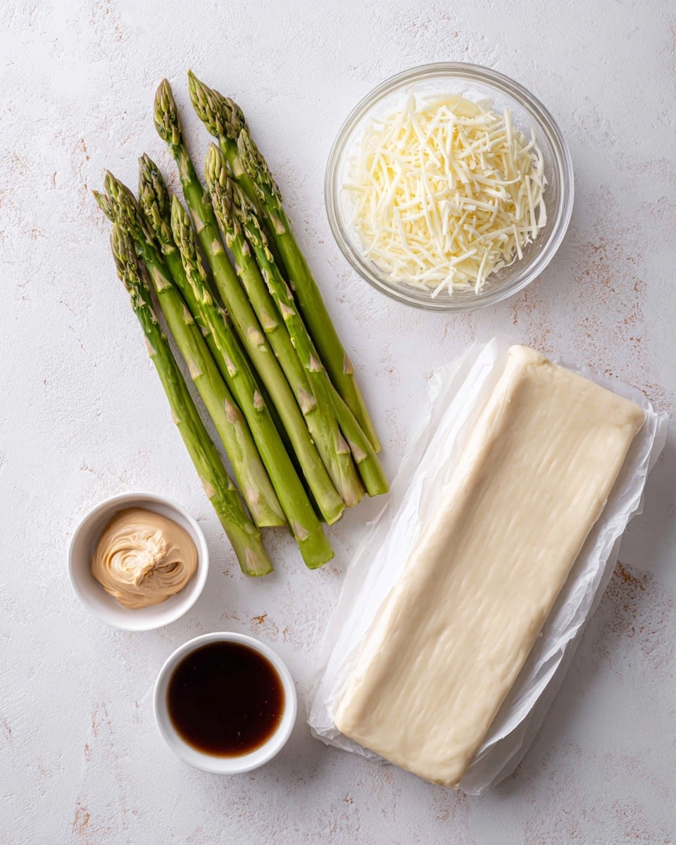 The image shows a top view of five fresh green asparagus stalks laid out diagonally on a white marbled surface. To the right of the asparagus is a white wrapped block of pale beige dough or pastry, partially unwrapped. Above the asparagus and dough is a small clear glass bowl filled with shredded white cheese. Below the asparagus are two white small round dishes; one contains a light brown creamy spread, and the other holds a dark brown liquid sauce. The overall arrangement is neat, with soft natural lighting highlighting the textures and colors. Photo taken with an iphone --ar 4:5 --v 7