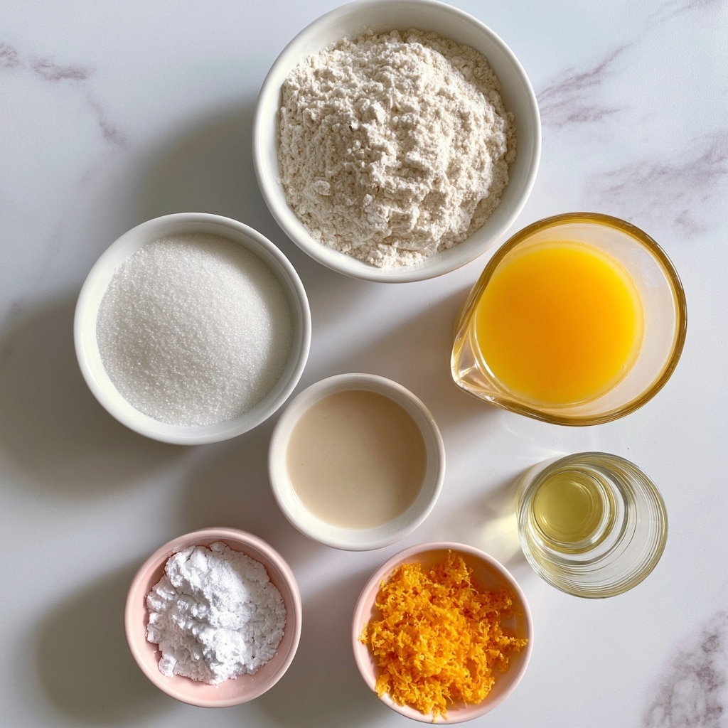 The image shows several small white bowls and a clear glass measuring cup arranged on a white marbled surface. In the largest bowl at the top center, there is a heap of white flour with a grainy texture. Below it to the right is a clear glass measuring cup filled with bright orange juice, smooth and liquid. To the left of the orange juice is a medium white bowl full of fine white granulated sugar. Below sugar, a small round white bowl holds light beige dairy-free milk with a smooth surface. Bottom left is a small pink bowl filled with white baking powder and soda powder. To the bottom right of the baking powder is a small pink bowl filled with bright orange grated orange zest, rough and textured. Next to the orange zest is a small clear glass cup filled with light yellow oil. All items are neatly placed with clear lighting enhancing their colors and textures. photo taken with an iphone --ar 4:5 --v 7
