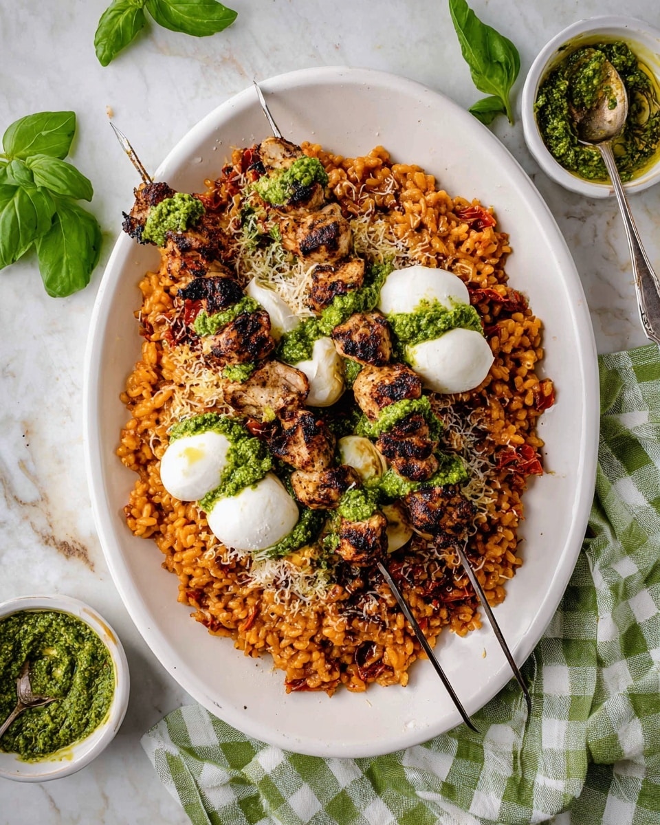 A large white oval plate holds a layered dish with three main parts: the base is a thick, orange-red risotto mixed with bits of sun-dried tomatoes and sprinkled with grated cheese, forming a textured ring around the plate's edge. On top and in the center are four metal skewers with grilled pieces of chicken, charred and browned with a slightly rough surface, covered with dollops of bright green pesto sauce. At two opposite edges of the risotto ring sit two white, soft, ball-shaped mozzarella cheeses, also topped with pesto. Fresh green basil leaves are scattered around the dish as garnish. Nearby, two small white bowls contain leftover pesto with a metal spoon, and fresh basil leaves. The setting is on a white marbled surface with a green-and-white checkered cloth partially visible. photo taken with an iphone --ar 4:5 --v 7