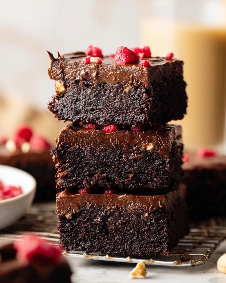 A square pan lined with parchment paper holds a thick layer of dark, glossy chocolate spread across the surface with swirled texture. Scattered on top are light brown whole hazelnuts and bright red pieces of dried raspberries, adding pops of color and texture. The pan sits on a light wooden table with pieces of dark chocolate beside it, and a small glass vase with pink dried flowers nearby. The background is changed to a white marbled texture. Photo taken with an iphone --ar 4:5 --v 7