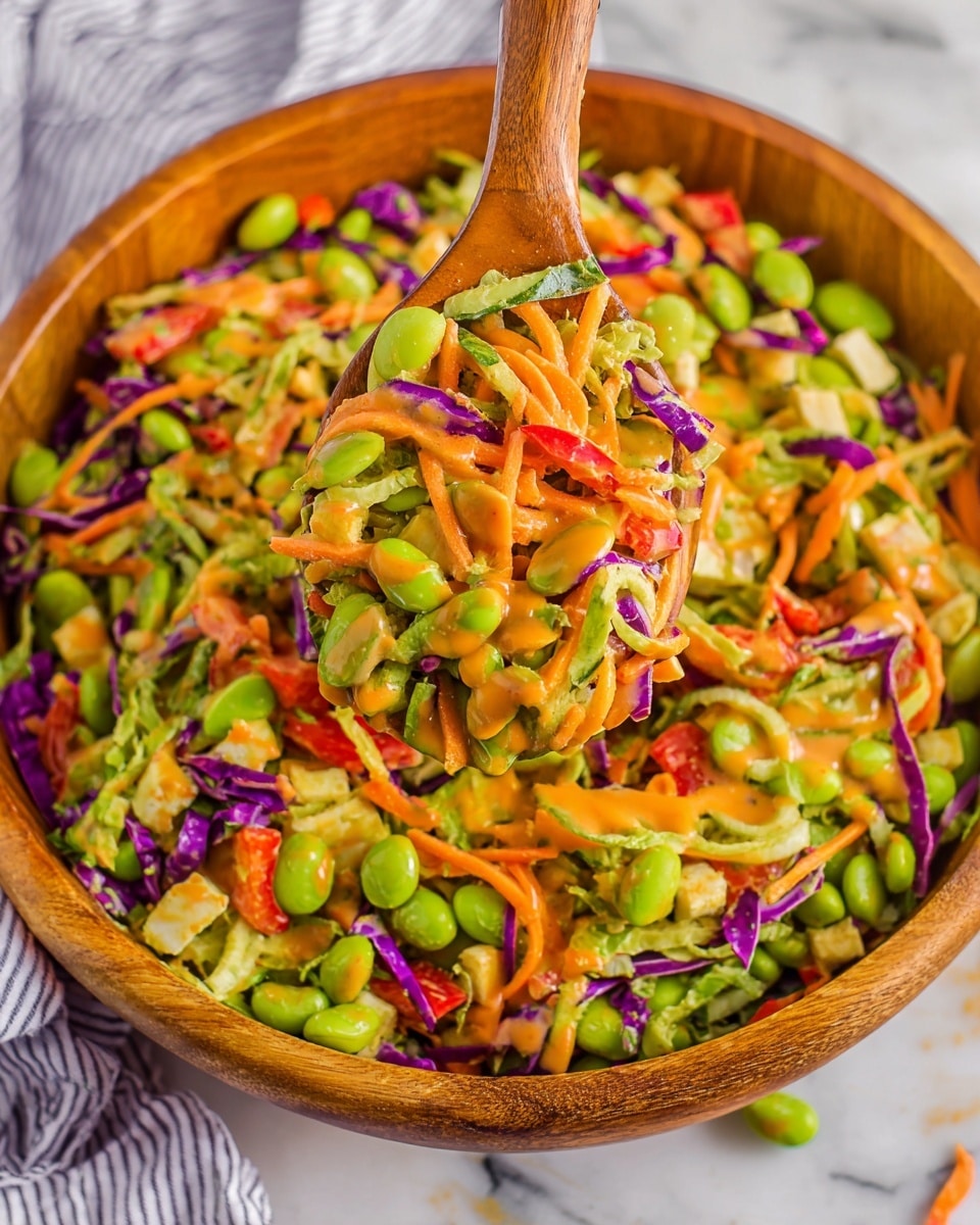 A wooden bowl filled with a colorful salad showing many layers: bright green edamame beans, light and dark green lettuce, thin carrot ribbons in orange, small pieces of red bell pepper, purple cabbage strips, and chunks of white tofu. The salad is lightly covered with an orange dressing drizzled across the top. A wooden spoon lifts a portion of the salad, showing a mix of all the layers together. The bowl sits on a white marbled surface with a striped cloth partly visible. Photo taken with an iphone --ar 4:5 --v 7