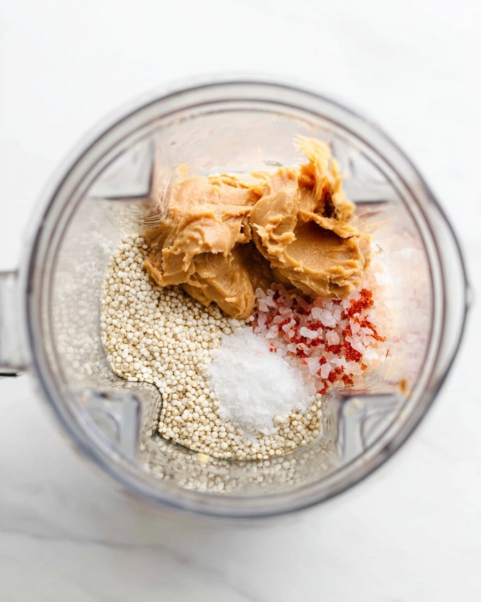 A clear blender jar sits on a white marbled surface with four main ingredients layered inside. At the bottom, there is a layer of white quinoa grains spread evenly. On top of the quinoa, a sprinkle of light pink salt forms a small pile near the center. Next to the salt, a small mound of white powder, likely a flour or baking ingredient, adds texture. The top layer features two large dollops of beige peanut butter mixed with bits of red, showing a creamy, slightly chunky texture. The scene is bright and clean, showing the ingredients before blending photo taken with an iphone --ar 4:5 --v 7
