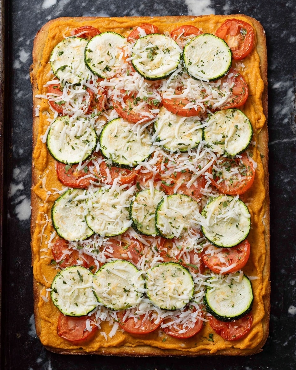 A rectangular flatbread with a golden brown crust forms the base layer, topped with smooth, light orange sauce spread evenly across its surface. On top of the sauce, there are alternating circular slices of green zucchini and red tomatoes arranged in rows covering the entire flatbread. A generous layer of white shredded cheese is sprinkled over the vegetables, giving a textured look with uneven bits scattered around. The flatbread is placed on a dark baking sheet, though the background is changed to a white marbled texture. photo taken with an iphone --ar 4:5 --v 7