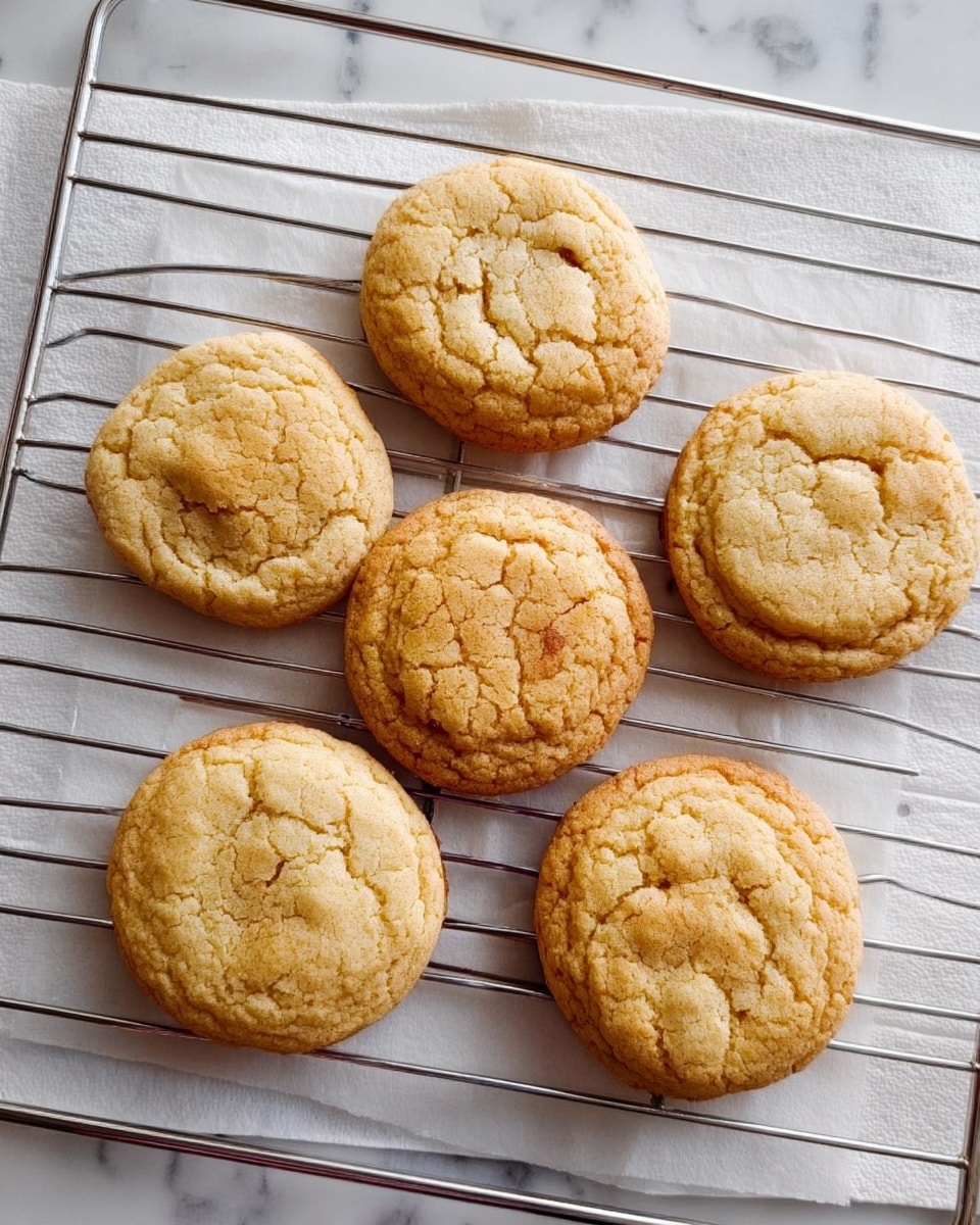 Five round cookies with a soft, slightly wrinkled golden-brown surface rest on a metal cooling rack. Each cookie shows slight cracks and uneven texture, giving a fresh baked look. The rack is placed on a white marbled surface with a piece of white paper underneath it. There is no other object in the frame, and the lighting is bright and natural, enhancing the warm tones of the cookies. Photo taken with an iphone --ar 4:5 --v 7
