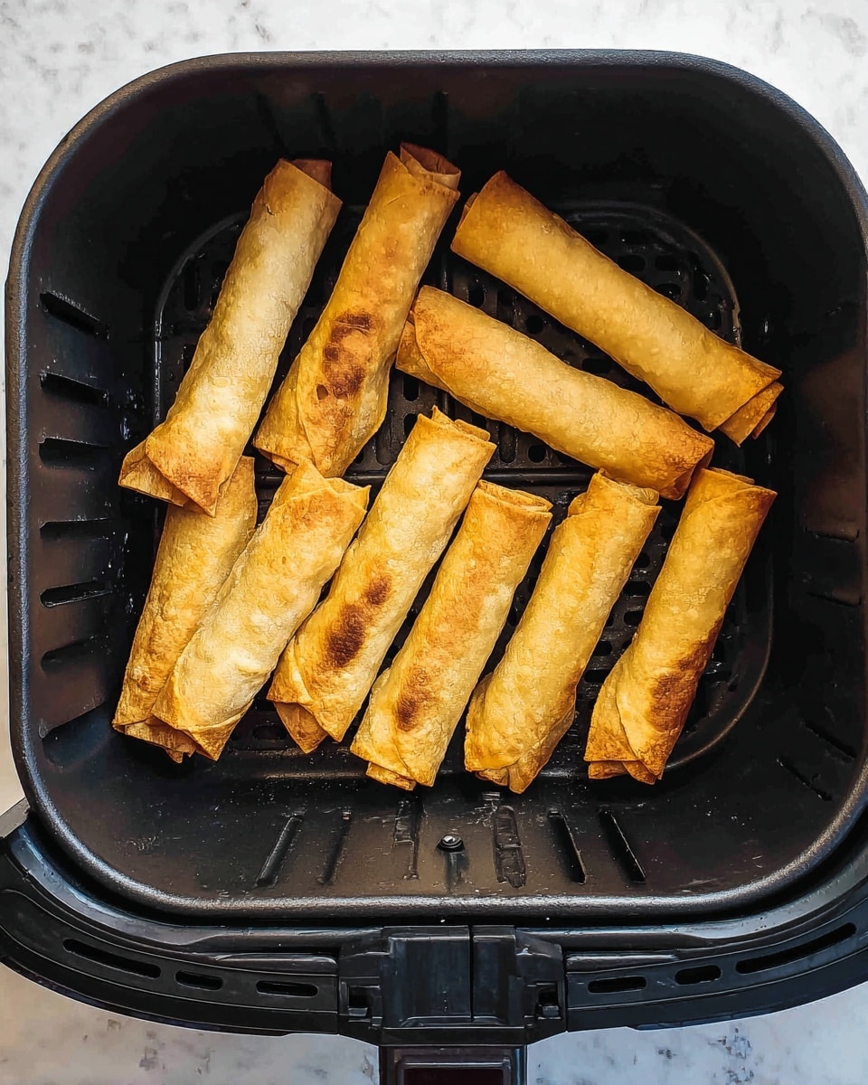 Inside a black air fryer basket, there are 11 golden-brown rolled taquitos arranged loosely in two clusters: one with 4 taquitos on the left side and another with 7 on the right side, slightly overlapping each other. Each taquito is cylindrical, with a crispy outer texture and some darker spots of cooking. The air fryer basket has a grid-like base and curved black sides. The background around the basket is a white marbled surface. Photo taken with an iphone --ar 4:5 --v 7