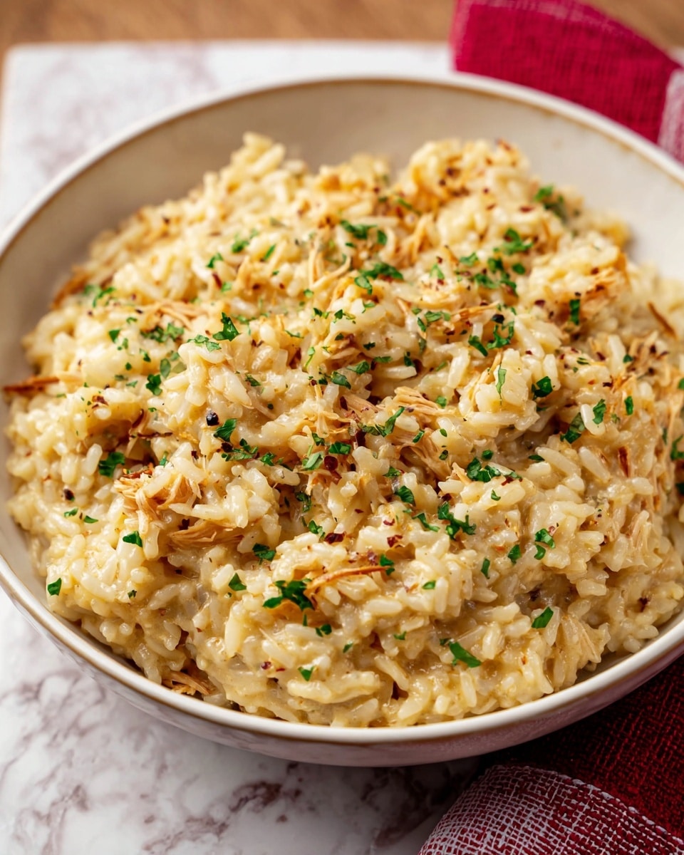 A close-up view of a white bowl filled with creamy rice mixed with shredded light brown pieces, sprinkled with small green herb bits. The rice has a soft texture with a pale yellow sauce coating each grain and shredded piece spread evenly throughout. The bowl is placed on a white marbled surface with a red and white cloth partially visible on the side. Photo taken with an iphone --ar 4:5 --v 7