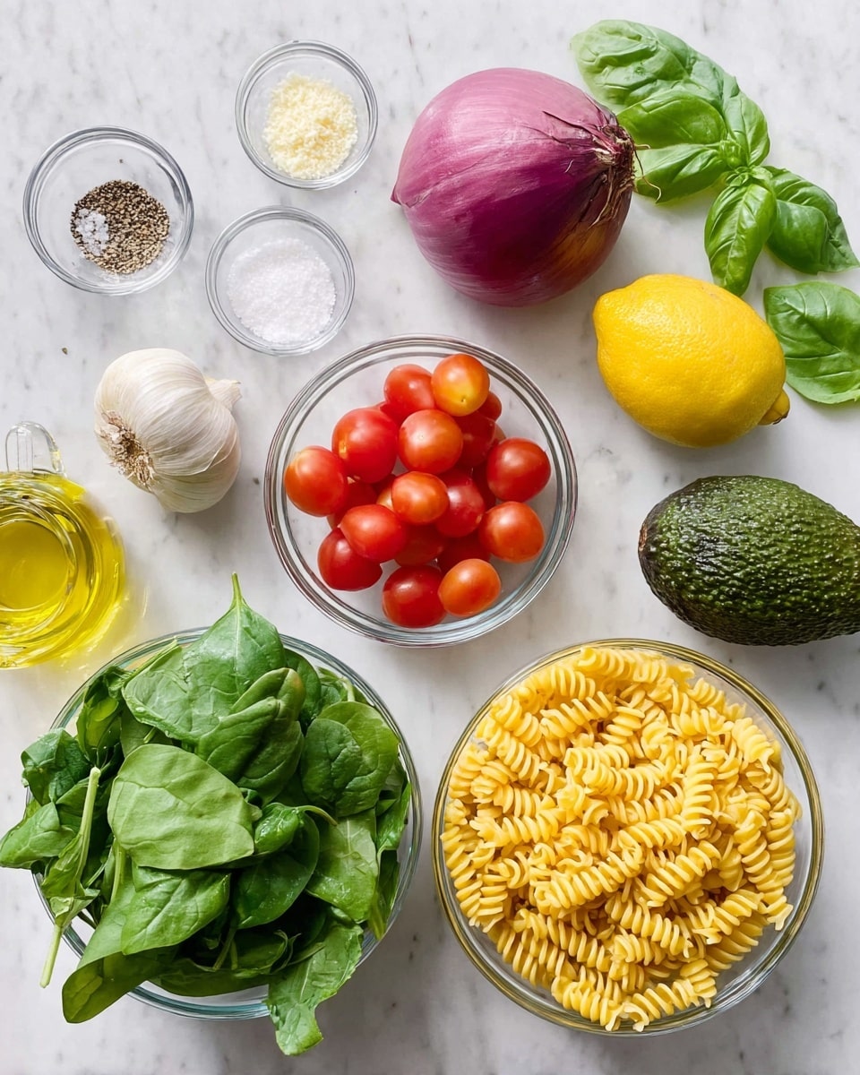 The image shows several clear glass bowls and fresh ingredients arranged on a white marbled surface. Starting from the top left, there is a small glass bowl with salt and pepper, next to a whole garlic clove. Below that, an unpeeled red onion rests beside fresh green basil leaves. To the right, a medium bowl filled with yellow corn kernels is placed above another bowl of fresh green spinach leaves. Further right, a whole lemon and an avocado with a dark green bumpy skin sit side by side. Above them, a small bowl is filled with bright red grape tomatoes. At the bottom right, a larger bowl contains uncooked yellow spiral pasta. A small glass bottle of olive oil is placed near the bottom left corner photo taken with an iphone --ar 4:5 --v 7
