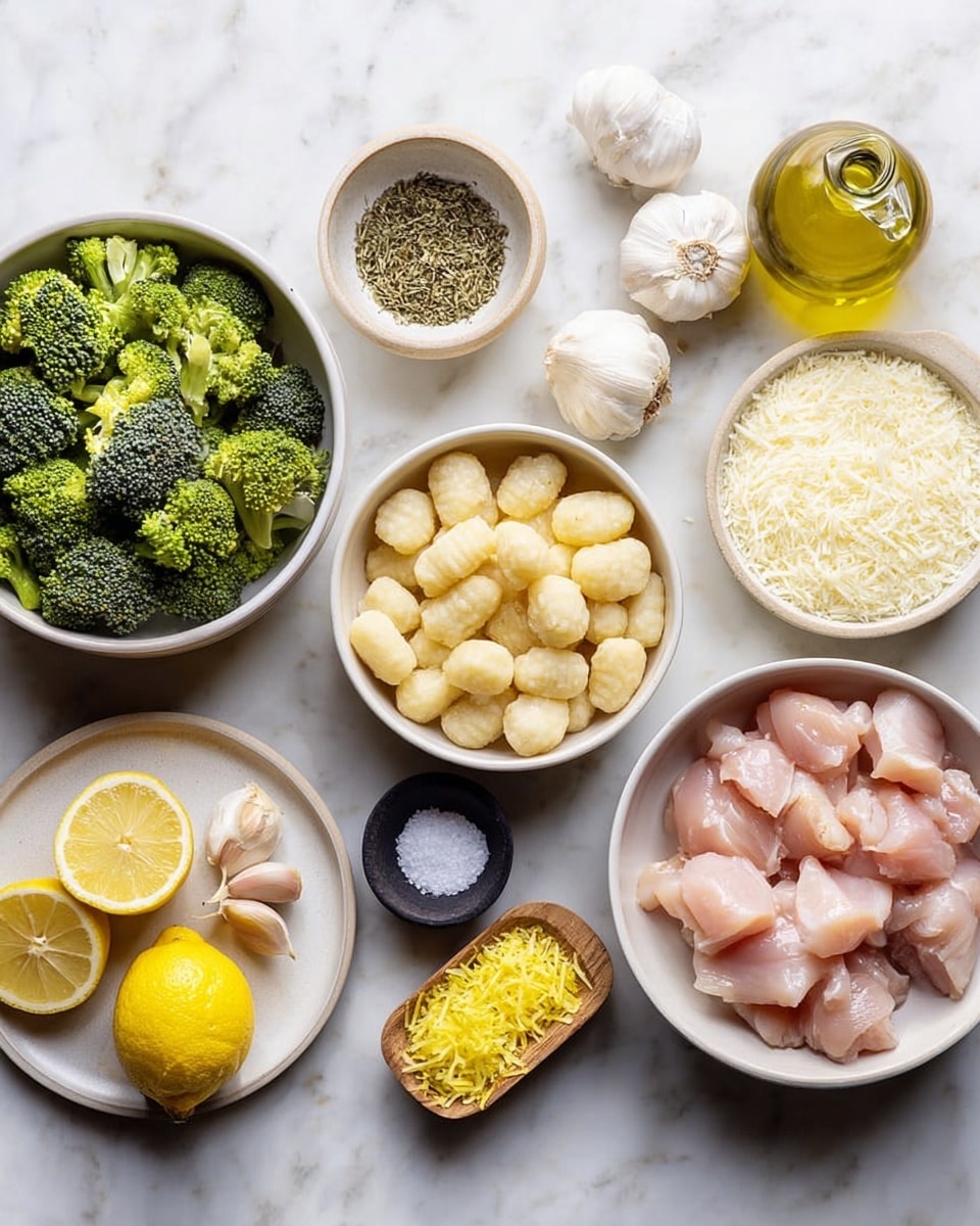 The image shows several white bowls and small containers arranged neatly on a white marbled surface. Starting from the left, there is a white bowl filled with green broccoli florets, next to a very small white bowl with dried herbs. Below that, a small black bowl holds coarse salt. In the center, a medium white bowl holds pale yellow gnocchi, with a small wooden bowl of black pepper beside it. Above the gnocchi, a small white plate has two lemon halves and a heap of yellow lemon zest. To the right, a white bowl is filled with raw pink chicken pieces. Above this bowl, another white bowl is full of finely grated white cheese. Behind the lemon plate, there are garlic cloves and a clear glass bottle of golden olive oil. The colors are fresh and natural, with a clear focus on the individual ingredients on a clean white marble background. photo taken with an iphone --ar 4:5 --v 7