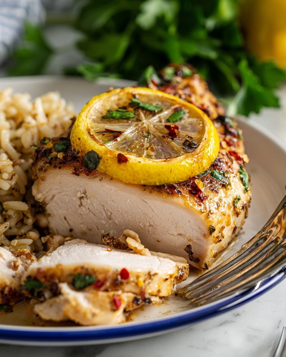 A close-up of a piece of cooked chicken with three visible layers of tender, juicy white meat topped with a golden brown crispy skin that has seasoning and herbs on it. On top of the chicken is a thin slice of lemon with a shiny, moist texture and bits of herbs and red pepper flakes scattered around. The chicken sits on a white plate with a blue rim, next to a small serving of cooked rice with visible grains and herbs. Fresh green parsley leaves are blurred in the background, resting on a white marbled surface. Two metal forks lie near the chicken on the plate. photo taken with an iphone --ar 4:5 --v 7