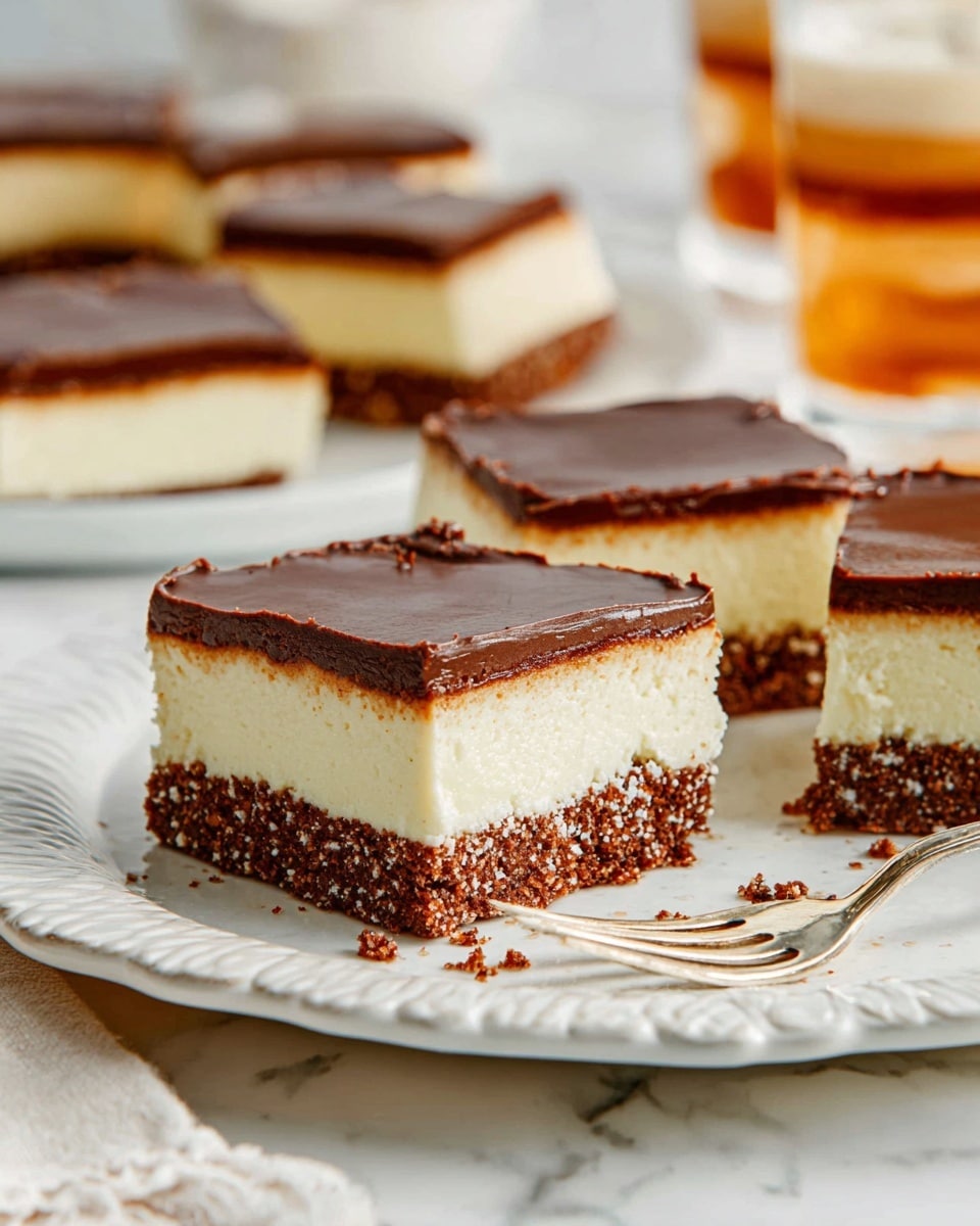 The image shows several square dessert bars arranged on a white plate with a scalloped edge, set on a white marbled surface. Each dessert bar has three visible layers: a rough-textured dark brown crumbly base, a thick smooth creamy white middle layer, and a top layer of glossy dark brown chocolate. The edges of the dessert bars are clean, and one bar is in the foreground with crumbs scattered lightly around it, next to a silver fork. The background includes a blurred glass with a layered drink. Photo taken with an iphone --ar 4:5 --v 7
