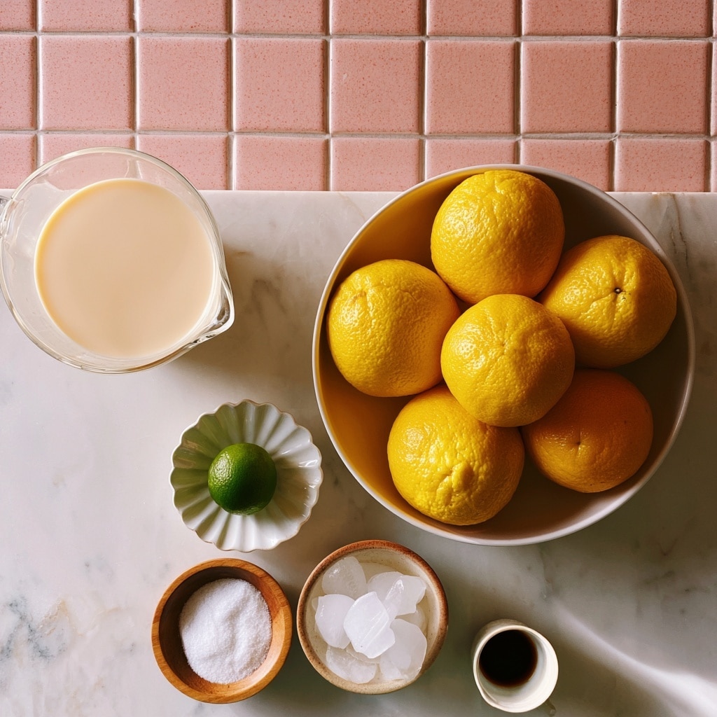 A scene showing six bright yellow oranges in a round white bowl placed on a white marbled surface with pink tiled texture in the background. To the left, there is a clear glass measuring cup filled with creamy light beige evaporated milk. Below, there is a small white fluted dish holding a green lime, a small wooden bowl filled with white sugar, a small ceramic bowl containing white ice cubes, and a tiny white cup filled with dark brown vanilla liquid. Photo taken with an iphone --ar 4:5 --v 7