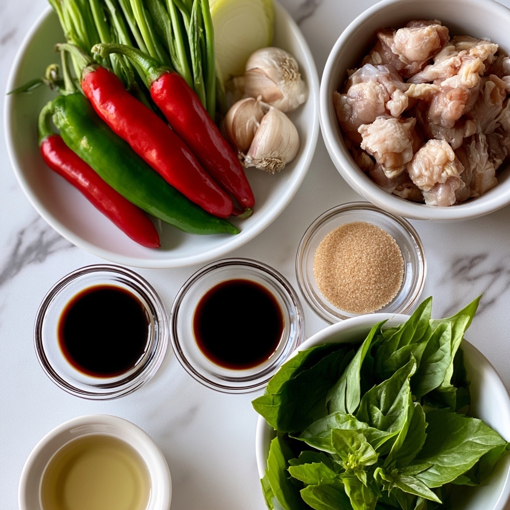 The image shows several white bowls and a white plate arranged on a white marbled surface. In the top white plate, there are three red and two green long peppers, a bunch of green vegetables with long stalks, two garlic bulbs, and half a yellow onion. To the right, a white bowl contains raw chopped chicken pieces. Below the peppers, there are three small clear glass bowls with dark soy sauce, soy sauce, and oyster sauce, each with a dark brown to black shiny texture. Next to these, a clear glass bowl holds light brown sugar. There is also a white bowl at the bottom right filled with bright green Thai basil leaves with pointed tips. In the bottom left corner, a small white bowl holds light golden oil. The layout is neat, with contrasting colors of greens, reds, whites, and browns, all nicely lit. photo taken with an iphone --ar 4:5 --v 7