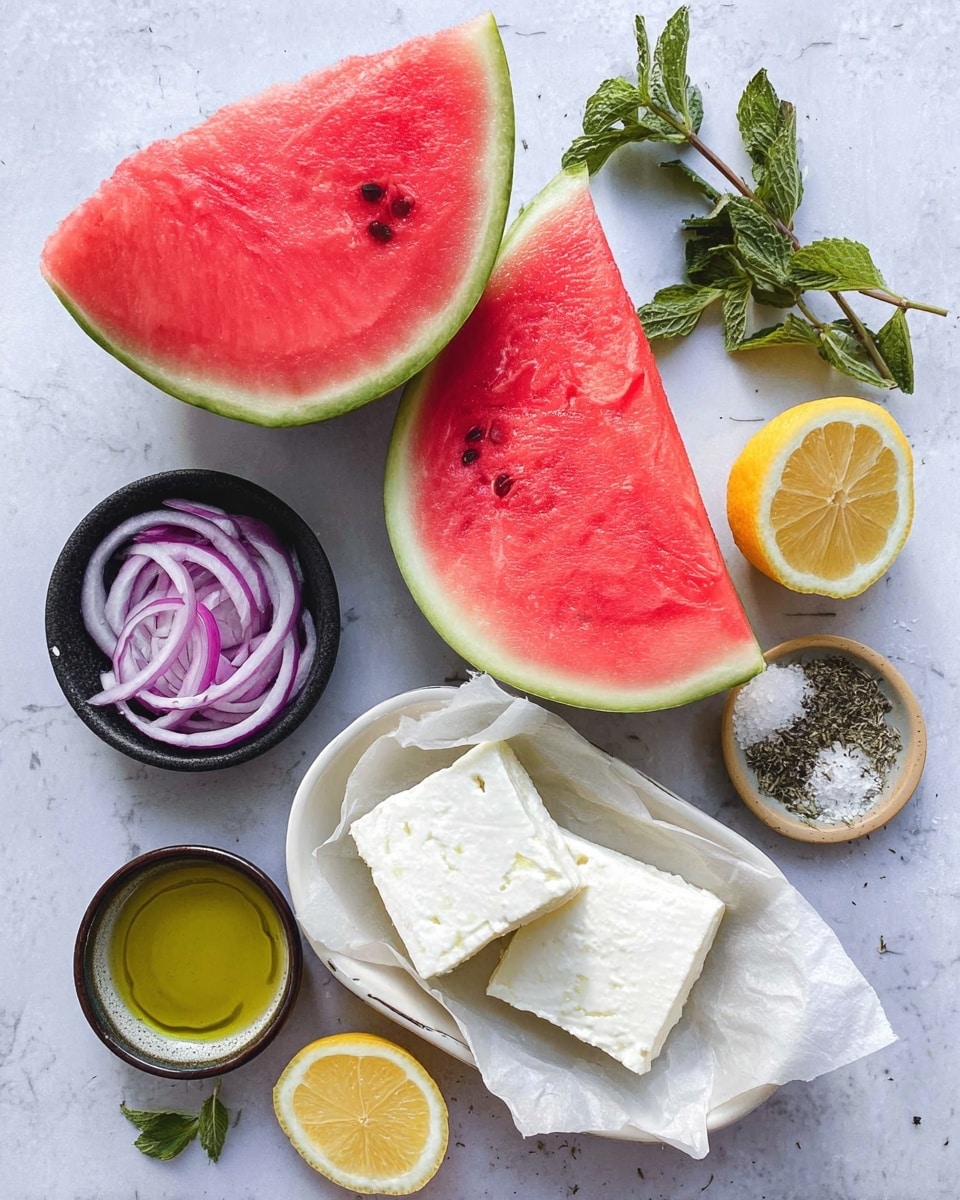 The image shows two large watermelon wedges with bright red flesh and green rinds placed on a white marbled surface. Below the watermelon, there is a white oval dish lined with parchment paper holding two rectangular blocks of white cheese with a soft texture. A lemon half with bright yellow skin is placed next to the cheese. To the left, a small black bowl contains thinly sliced red onions, showing their soft purple and white layers. Scattered around are fresh green mint leaves, a small bowl with golden olive oil garnished with a mint sprig, and a tiny dish containing coarse salt and black pepper. Another lemon half lies on the white marbled surface near the bottom of the image. Photo taken with an iphone --ar 4:5 --v 7
