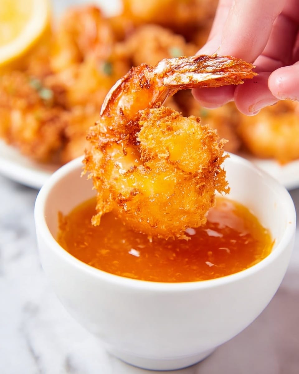 A close-up image showing a woman's hand holding a crispy fried shrimp by its tail, dipping it halfway into a small white bowl filled with bright orange sweet and sour sauce. The shrimp is golden brown with a crunchy texture, and the sauce glistens with a shiny, slightly thick consistency. The background features more fried shrimp resting on a clean white marbled surface, slightly blurred to keep focus on the shrimp being dipped. Photo taken with an iphone --ar 4:5 --v 7