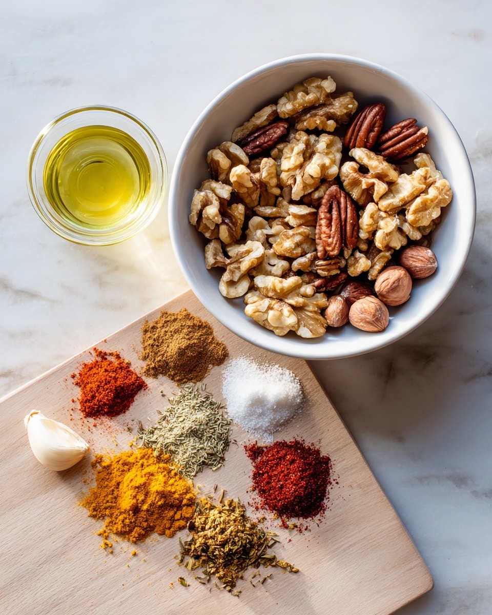 A white bowl filled with a mix of nuts such as walnuts, pecans, almonds, and hazelnuts sits at the top right of the image. Below it, on a light wooden surface, are small piles of colorful spices arranged in a loose cluster: bright orange turmeric, yellow curry, reddish cayenne, white salt, brown cinnamon, dark cumin, reddish paprika, pale ginger, and light beige garlic. To the left of the spices, there is a small glass cup filled with clear, pale yellow oil. The whole setup is placed on a white marbled surface with soft lighting, creating a clean and natural look. Photo taken with an iphone --ar 4:5 --v 7