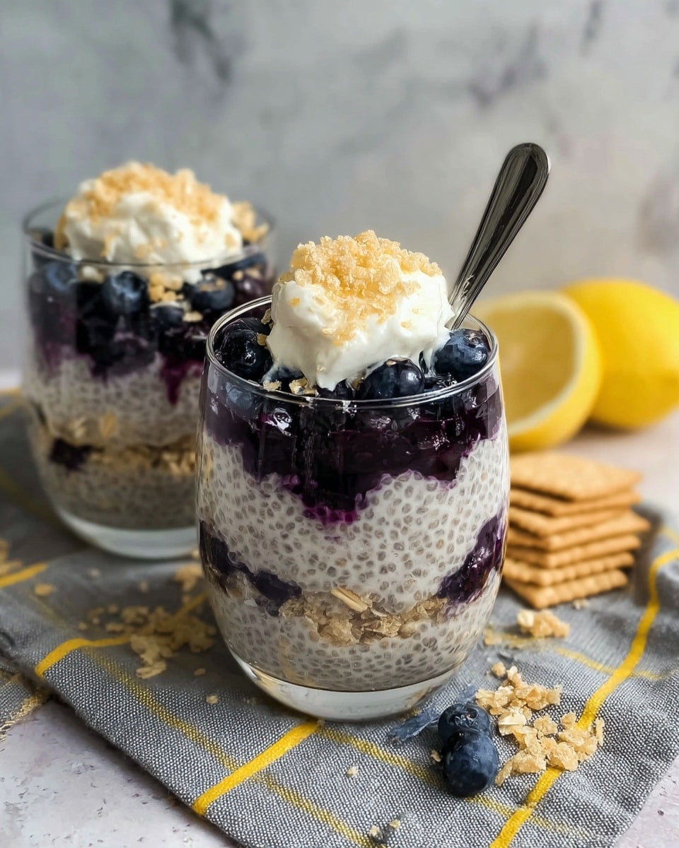 Two clear glasses filled with layered chia pudding and blueberries are shown. Each glass has three main layers from bottom to top: a creamy chia pudding layer mixed with oats, a middle layer of fresh dark blueberries, and another thick layer of chia pudding with oats. The top is decorated with a dollop of whipped cream sprinkled with crushed crunchy bits. The glasses sit on a gray and yellow checkered cloth with a few scattered broken graham crackers and a lemon piece on a white marbled surface behind them. A silver spoon stands inside the glass at the back. Photo taken with an iphone --ar 4:5 --v 7