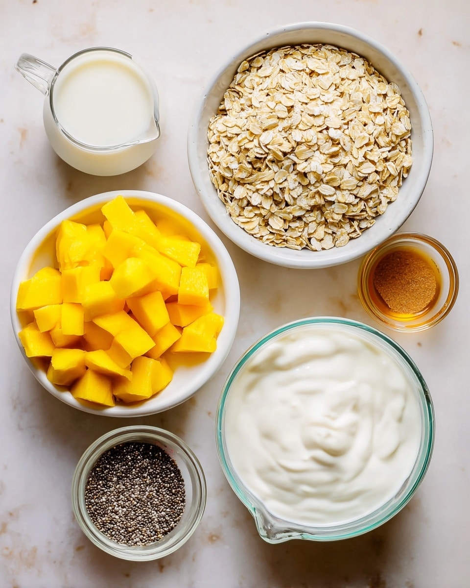 The image shows several small white bowls and a clear glass measuring cup placed on a white marbled surface. One white bowl is filled with bright yellow diced mango pieces, another white bowl holds light brown rolled oats with a rough texture, and a smaller white bowl contains tiny dark chia seeds. The measuring cup is filled with white milk. There is a small clear glass bowl with a light amber liquid, a small white bowl with a brown powder, and a larger clear glass bowl filled with smooth, creamy white yogurt. All items are arranged closely together in a neat flat lay style, with soft, even lighting. Photo taken with an iphone --ar 4:5 --v 7