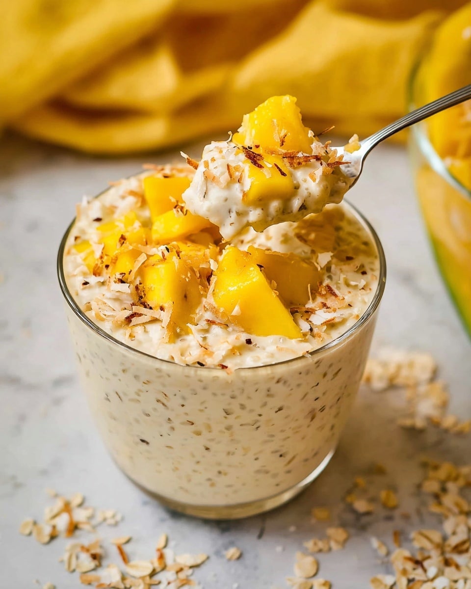 A clear glass cup filled with thick, creamy beige pudding mixed with small dark specs, topped with bright yellow mango cubes and sprinkled with light brown toasted coconut flakes. A silver spoon lifts a scoop of pudding and mango from the cup. The cup sits on a white marbled surface scattered with oats and more toasted coconut. Bright yellow cloth is partly visible in the blurry background. Photo taken with an iphone --ar 4:5 --v 7