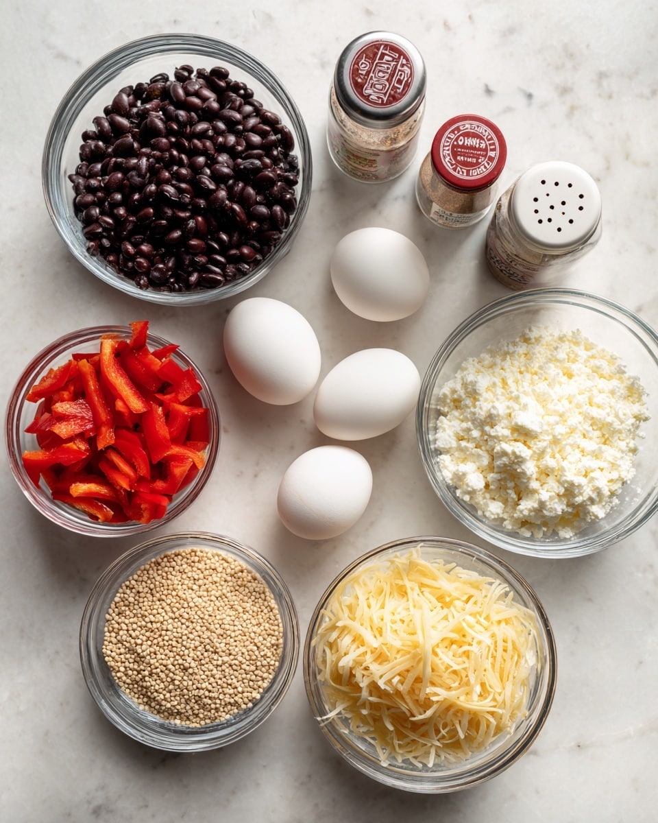 The image shows several small clear glass bowls and containers placed on a white marbled surface. One bowl holds small black beans seen as dark and shiny, another bowl has finely chopped red bell pepper with a bright red and juicy texture. There's a bowl with fluffy tan quinoa grains, and another with finely shredded cheese combining yellow and white colors. A small white bowl contains creamy white cottage cheese with a soft texture. In the center, five white eggs are placed together. At the top, three spice containers in white and red colors are arranged, including a bottle labeled onion powder. The scene has a clean and well-organized look, with a variety of textures and colors representing fresh ingredients. photo taken with an iphone --ar 4:5 --v 7
