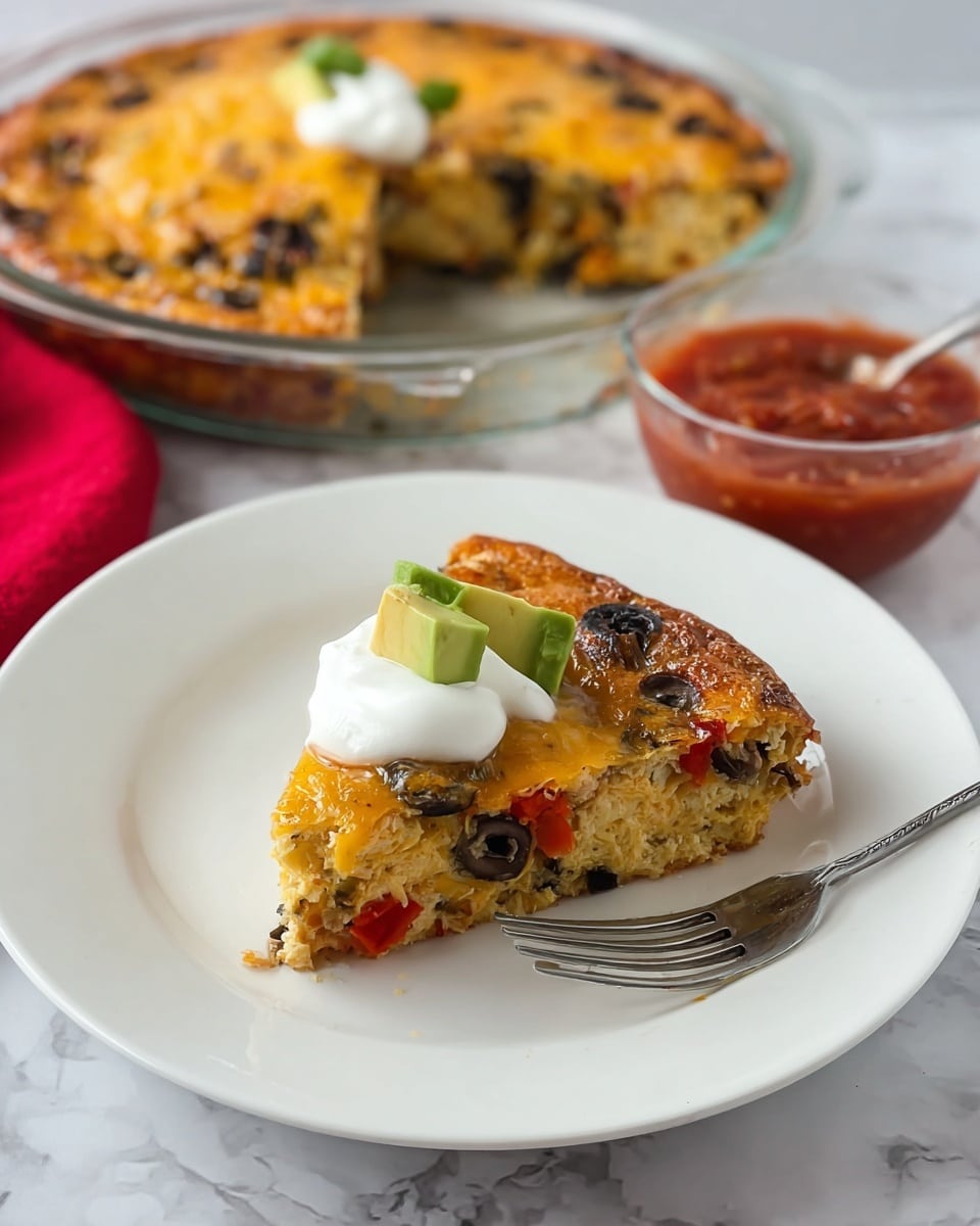 A slice of thick baked egg dish with visible layers of black olives, red bell peppers, and a golden brown top is placed on a white plate. The slice is topped with a dollop of white sour cream and a small piece of green avocado. Behind the plate, the larger round egg dish with one slice missing sits in a clear glass pie dish on a white marbled surface. To the right, a small clear bowl of red salsa is visible. A fork rests on the edge of the plate near the bottom. Photo taken with an iphone --ar 4:5 --v 7