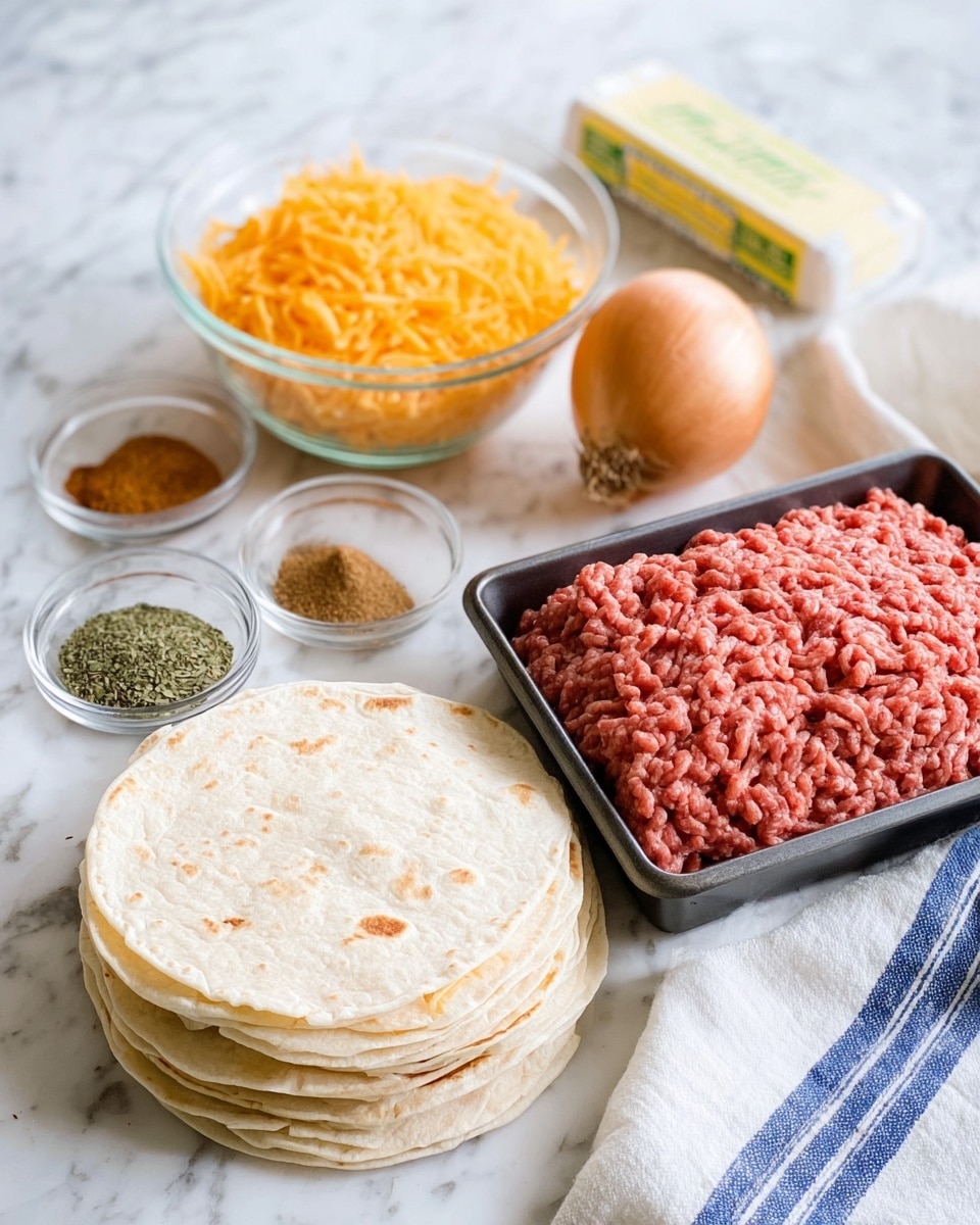 The image shows a collection of ingredients arranged on a white marbled surface. At the front right, there is a black tray filled with raw ground beef, showing a textured, pinkish-red layer. Behind the beef to the left, a small clear glass bowl holds various ground spices in five small piles of brown, green, red, beige, and tan colors. Next to the spices, a larger clear glass bowl is full of shredded orange cheddar cheese, bright and fluffy in appearance. Behind the cheese, a whole light brown onion sits. To the right of the onion, there is a thick stack of soft, round, light beige flour tortillas with faint brown spots on top. In the back right corner of the image, a rectangular package of butter sits next to a folded white cloth with blue stripes. photo taken with an iphone --ar 4:5 --v 7