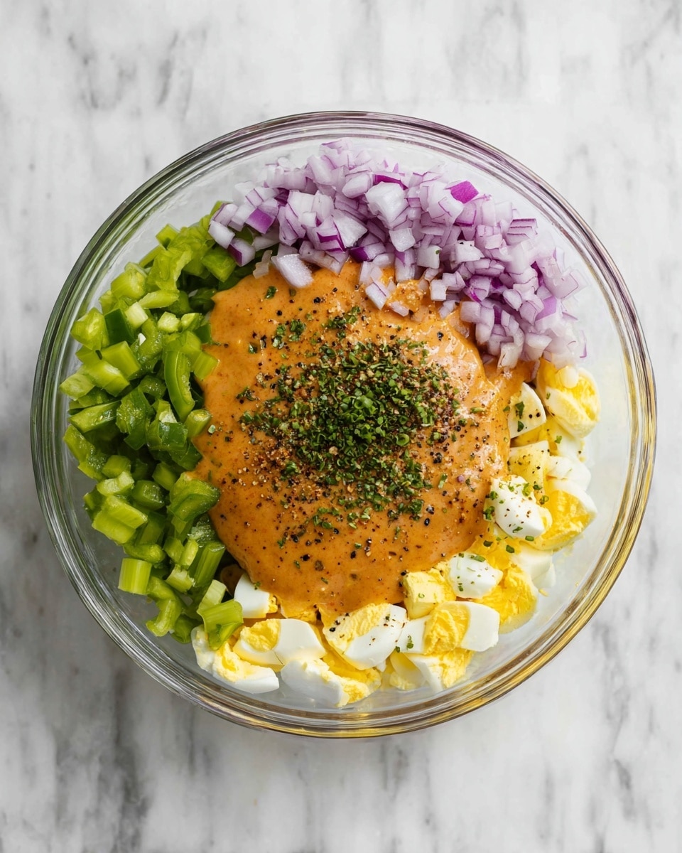 A clear glass bowl sits on a white marbled surface. Inside, there are five main layers arranged side by side in a circular shape: finely chopped purple onions at the top, bright green diced celery on the left and right sides, a smooth, thick, orange-colored sauce with a sprinkle of black pepper and finely chopped green herbs in the center, and chopped yellow and white boiled eggs at the bottom. The colors are vivid and the textures range from crunchy to creamy. photo taken with an iphone --ar 4:5 --v 7