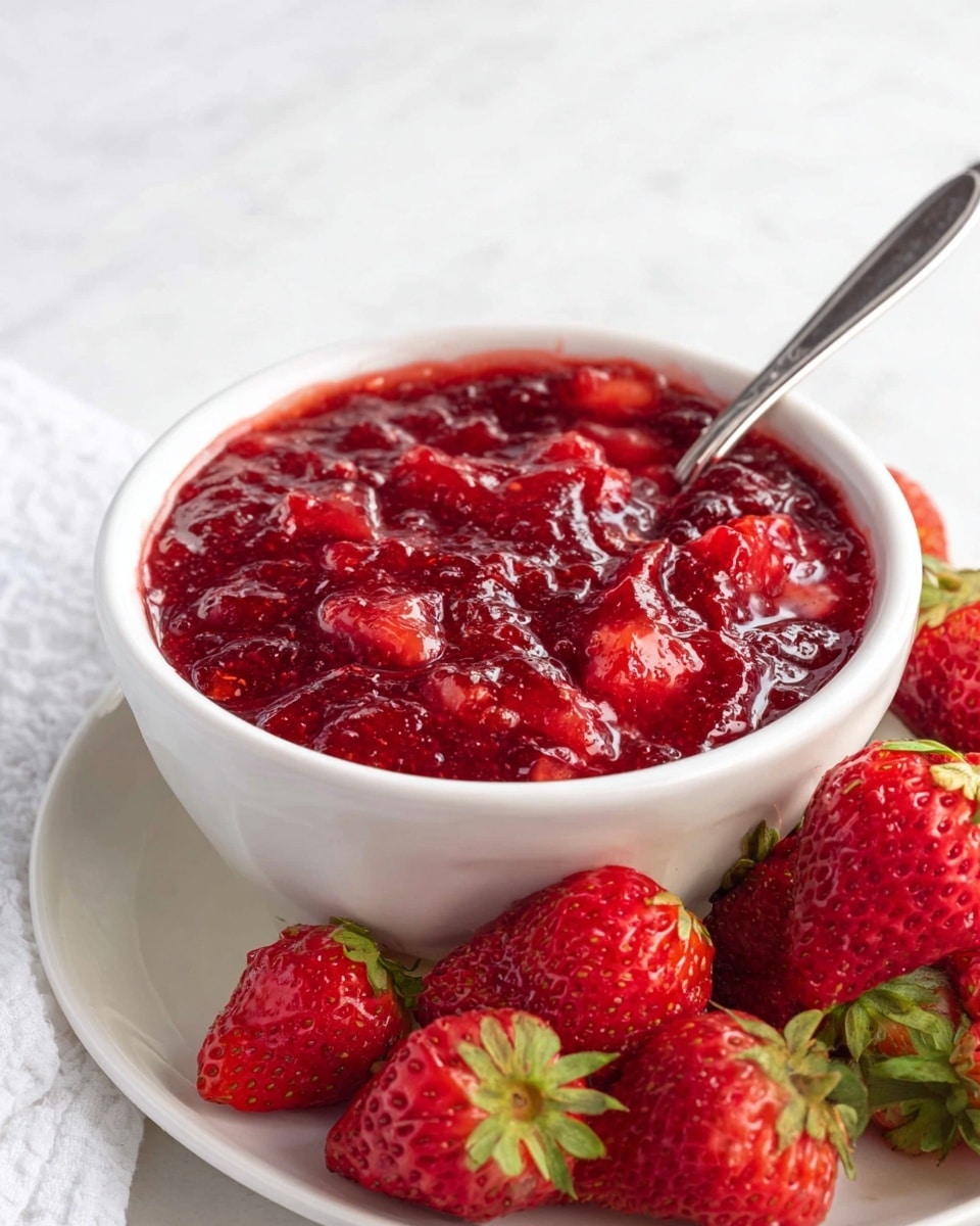 A white bowl filled with chunky red strawberry jam showing pieces of strawberry in a thick, glossy liquid. The bowl sits on a white marbled surface with a silver spoon inside the jam on the right side. Surrounding the bowl on the lower part of the image are fresh bright red strawberries with green leaves, placed on a white plate under the bowl. The colors are rich, with the red strawberries contrasting against the white bowl and plate. photo taken with an iphone --ar 4:5 --v 7