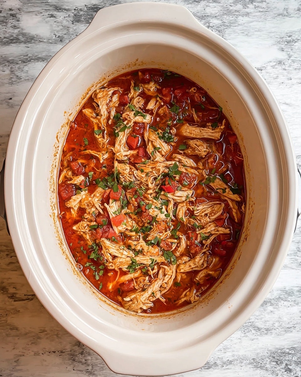 Inside a white slow cooker, shredded light tan chicken pieces sit in a red sauce mixed with small chunks of red tomatoes and finely chopped green herbs scattered on top. The sauce is thin and spread evenly around the chicken, creating a mix of red, tan, and green colors. The slow cooker rests on a white marbled surface and has a gray handle partially visible at the top. photo taken with an iphone --ar 4:5 --v 7