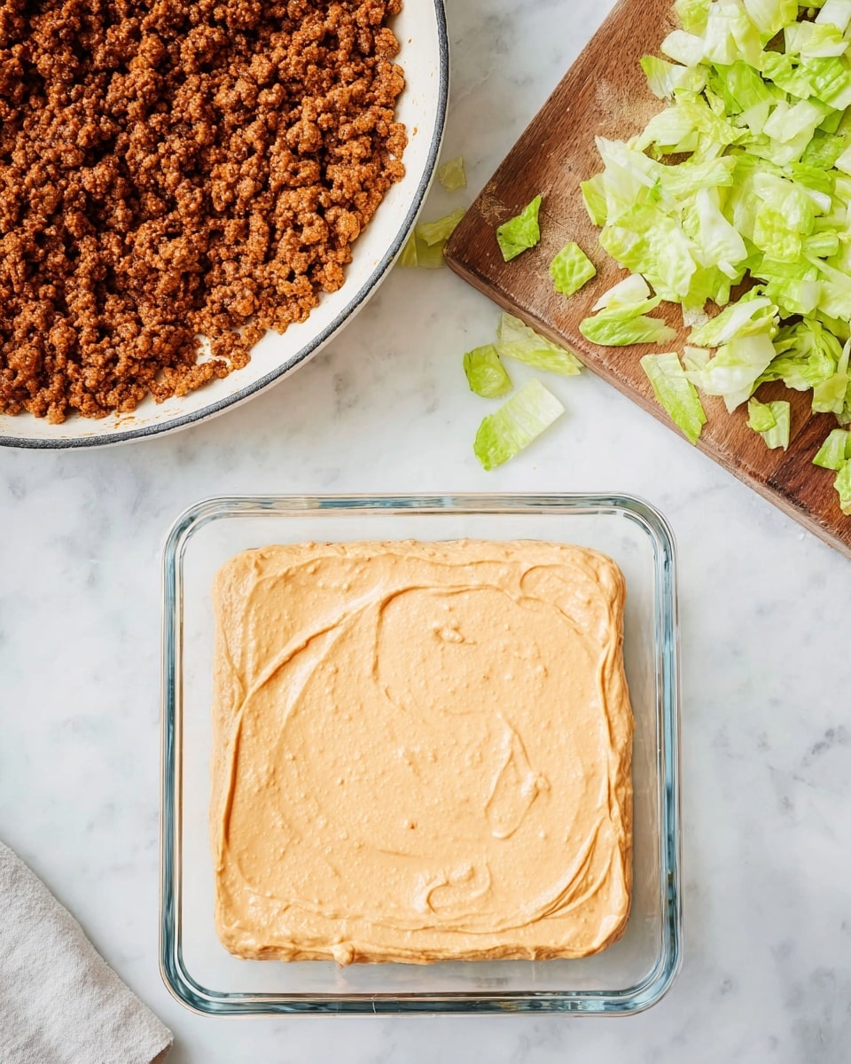 A clear glass square dish filled with one layer of smooth, light orange creamy spread that is evenly spread out; above to the right, a wooden cutting board holds a pile of chopped light green and pale yellow lettuce pieces with some separate leaves scattered nearby; on the top left, a white frying pan is full of cooked ground meat with a rich brown color and crumbly texture; all items are placed on a backdrop of white marbled texture with a soft natural light, photo taken with an iphone --ar 4:5 --v 7