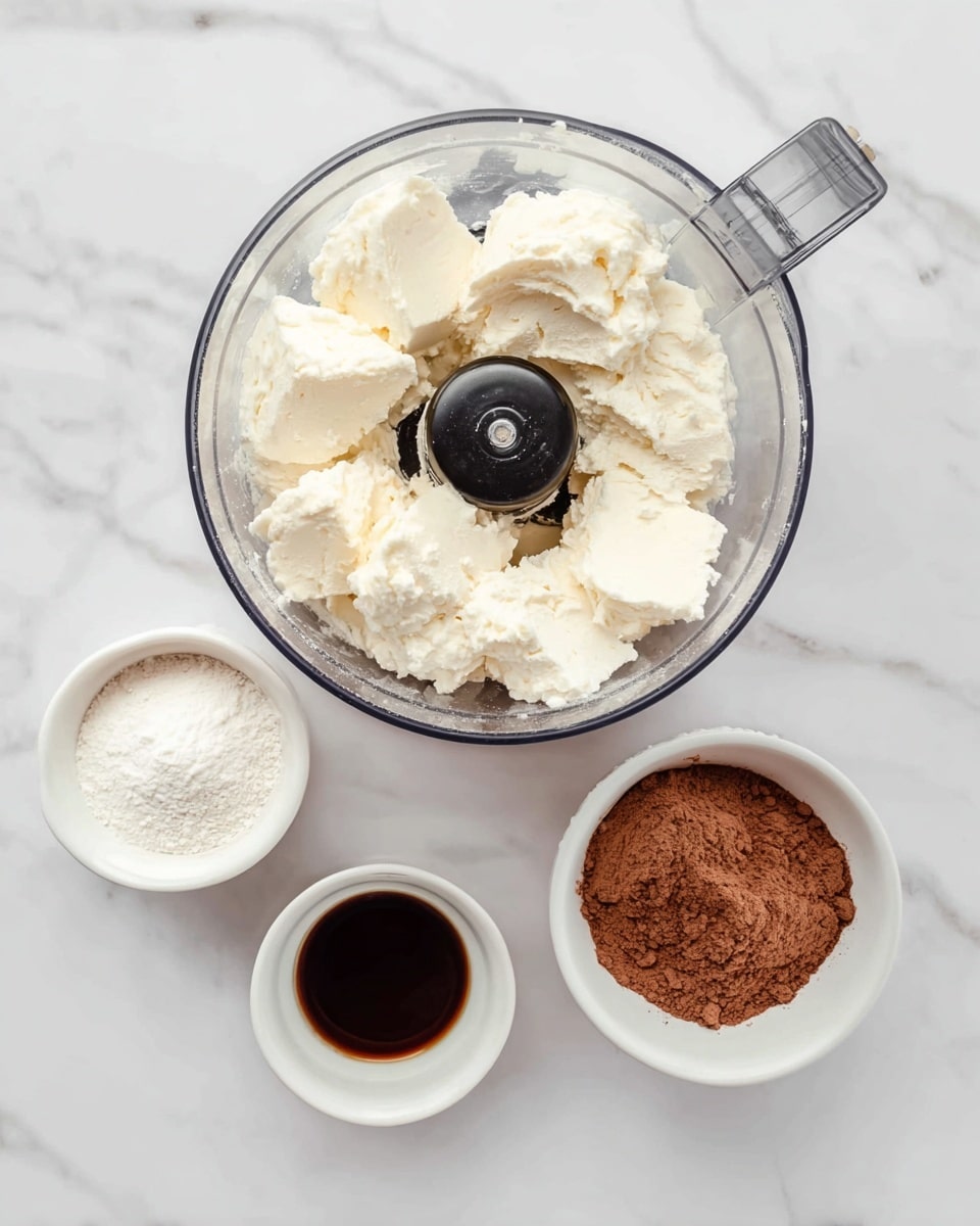 The image shows a clear food processor bowl filled with large chunks of a soft, white cream layer in the center on a white marbled surface. Below it are three separate white containers arranged in a triangle: a cup filled with fine white powder on the left, a small white bowl with light brown cocoa powder on the right, and a tiny white bowl with a dark brown liquid at the bottom center. Photo taken with an iphone --ar 4:5 --v 7