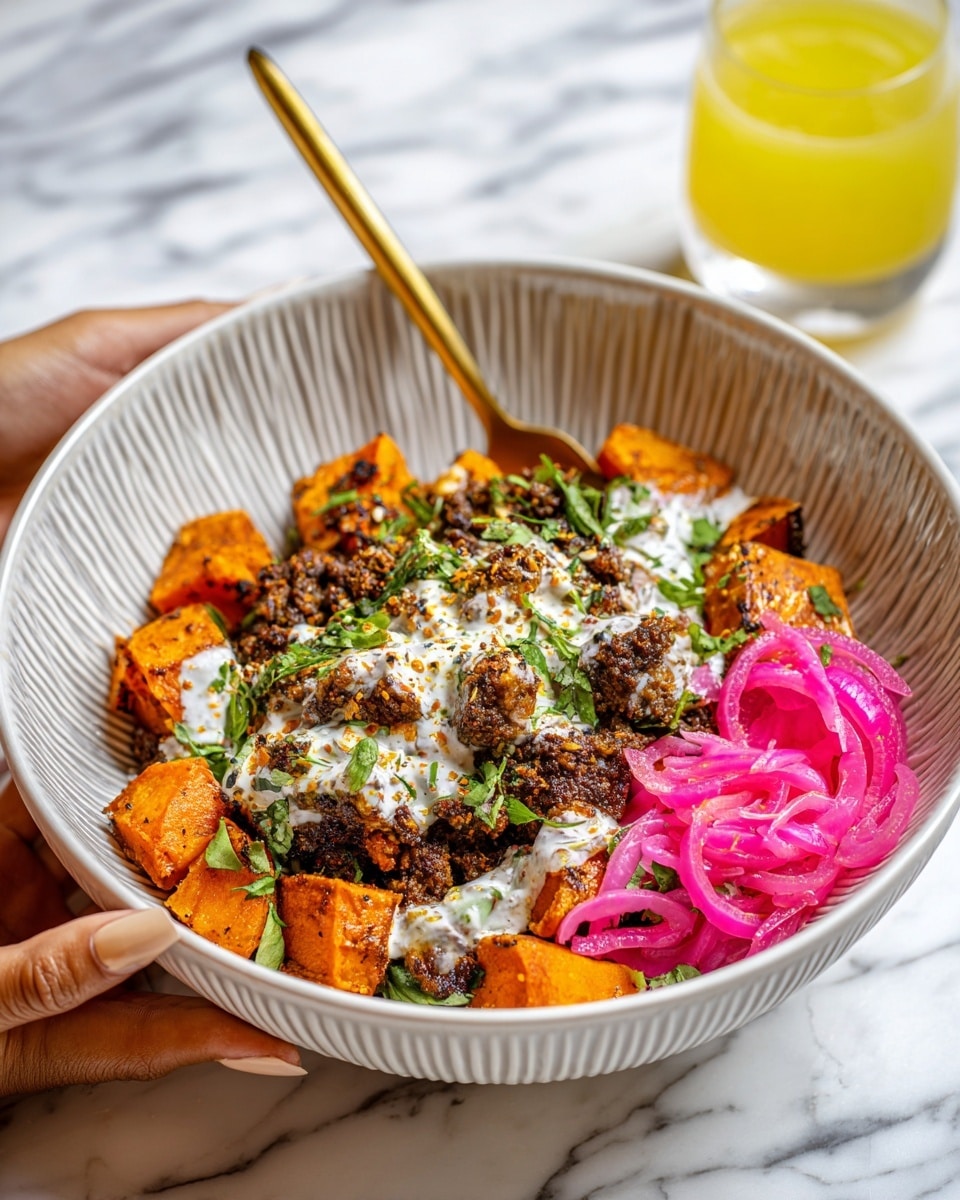 This dish is served in a white ribbed bowl held by a woman's hand on a white marbled surface. The bowl has three main layers: the bottom layer is bright orange roasted chunks, likely sweet potatoes, with a slightly browned texture; above that is a layer of dark brown, crumbly ground meat mixed with fresh green herb leaves; the top layer is creamy white with specks of green herbs and small pieces, possibly a yogurt-based sauce with spices sprinkled on top. Thin, pink pickled onion slices are also placed on one side, adding a splash of color. A gold spoon rests inside the bowl, touching the top layers. A yellow drink is partially visible in the background. photo taken with an iphone --ar 4:5 --v 7