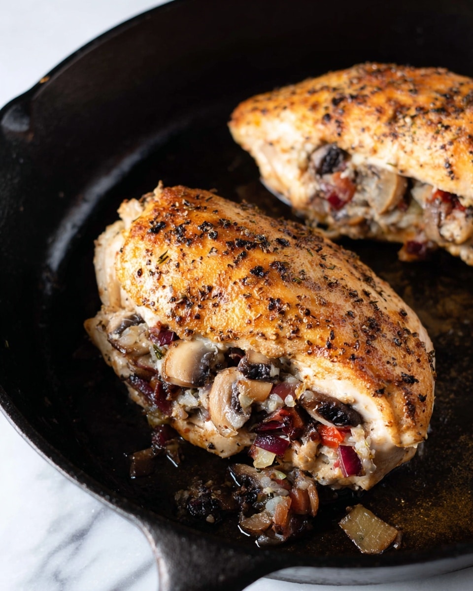 Two pieces of cooked stuffed chicken are shown in a black cast iron pan. Each piece has a slightly browned, textured outer layer with visible black pepper seasoning. The chicken is filled with a stuffing made of small diced onions, dark brown mushrooms, and red bell pepper pieces. The pan has some bits of stuffing and drippings around the chicken. The background is a white marbled texture. photo taken with an iphone --ar 4:5 --v 7