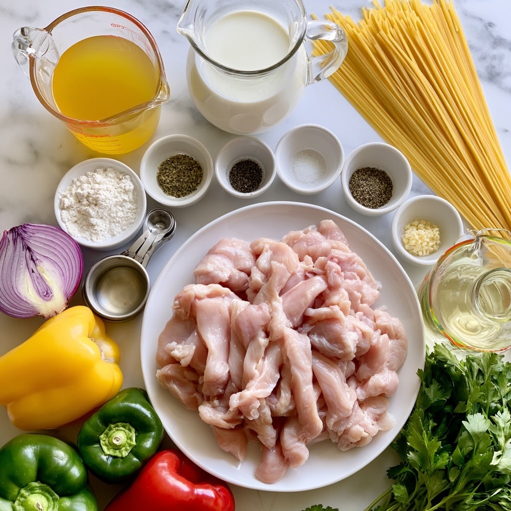The image shows ingredients arranged on a white marbled surface. In the center, there is a white plate with 1 ½ pounds of raw, pale pink chicken cut into strips. Above the chicken, from left to right, there is a clear measuring cup with yellow chicken broth, a glass pitcher filled with white heavy cream, and a bundle of uncooked yellow spaghetti noodles. Around the chicken are several small white bowls and measuring spoons with various spices and seasonings, including white flour, Italian seasoning, black pepper, salt, and minced garlic. There are also fresh vegetables: a half-sliced purple onion at the left, large whole yellow, green, and red bell peppers near the bottom left, and fresh green parsley on the right. Other ingredients include clear glass containers of lemon juice, olive oil, and white wine, all placed neatly around the main items. The labels of each ingredient are written in bold black and white text above or beside them. Photo taken with an iphone --ar 4:5 --v 7