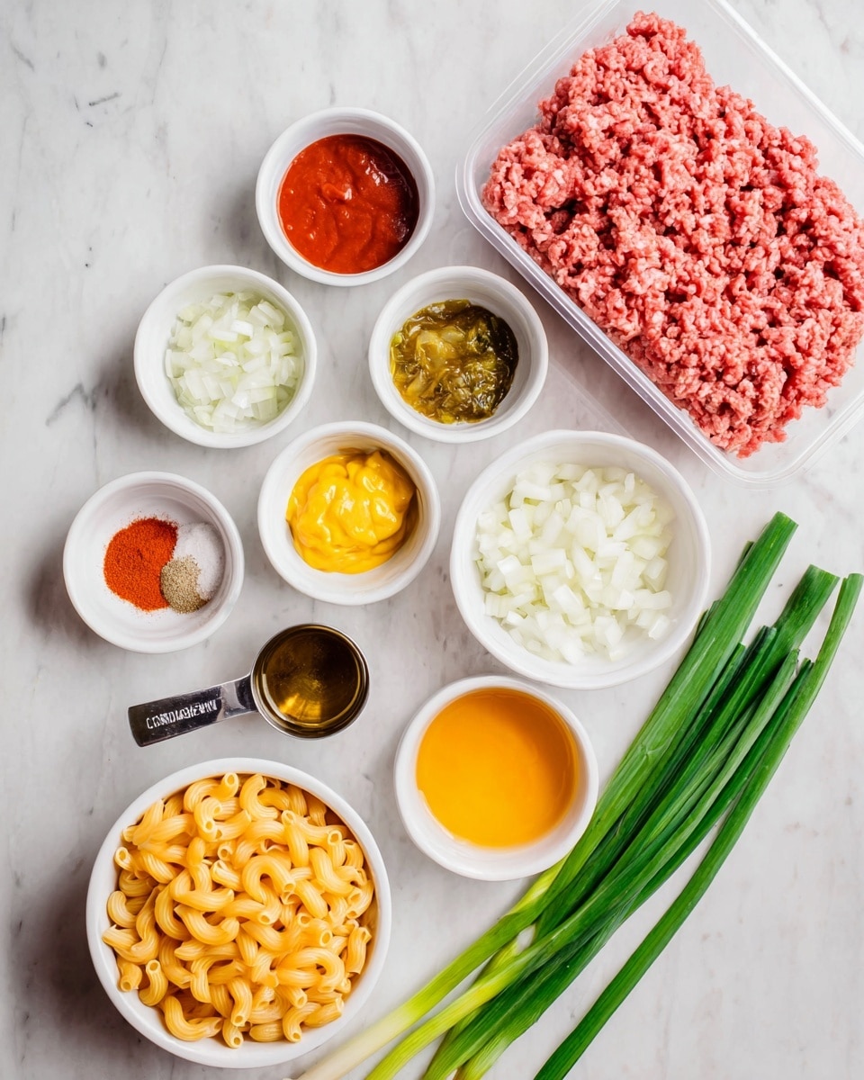 A white marbled surface holds several small white bowls and a plastic container with raw ground meat. The plastic container with pink ground meat is on the top right. Surrounding it are small white bowls containing chopped white onions, yellow mustard, a green relish, white flour, red powder spice, red tomato sauce, and a golden liquid. A silver measuring cup filled with dry elbow macaroni is placed among the bowls. Below the macaroni, a bowl with shredded orange cheese is visible. On the bottom right side, three long green onions lay diagonally across the surface. photo taken with an iphone --ar 4:5 --v 7
