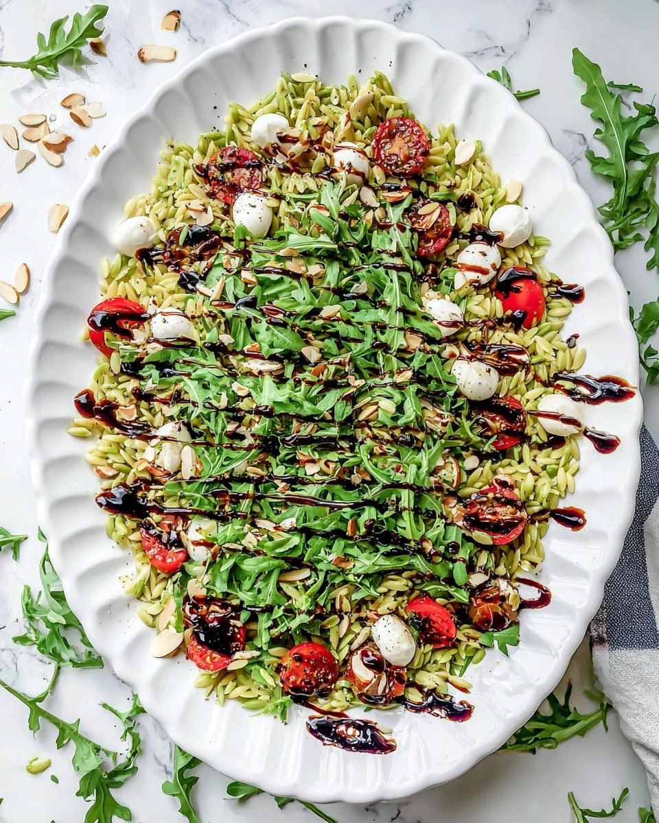 A large white fluted plate holds a layered salad starting with a base of small, greenish yellow orzo pasta mixed with halved red cherry tomatoes and small white mozzarella balls, scattered evenly. On top, fresh green arugula leaves are spread widely, along with some slivered almonds adding light beige spots. A dark balsamic glaze is drizzled generously over all layers, creating thick, glossy lines across the salad. Fresh ground black pepper is sprinkled all over, giving tiny black dots on the surface. The plate is set on a white marbled surface, with a few loose arugula leaves around it. photo taken with an iphone --ar 4:5 --v 7