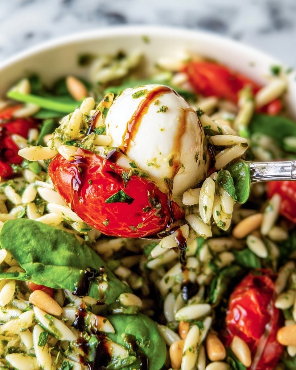 A close-up image of a spoonful of a vibrant salad featuring three main layers: a shiny, light beige ball of mozzarella cheese at the center, surrounded by creamy orzo pasta mixed with green pesto herbs, and topped with bright red cherry tomato halves and fresh green spinach leaves. The salad also contains small pieces of pine nuts and a drizzle of dark balsamic glaze, giving a glossy texture and contrast. The background is a softly blurred white marbled surface. Photo taken with an iphone --ar 4:5 --v 7