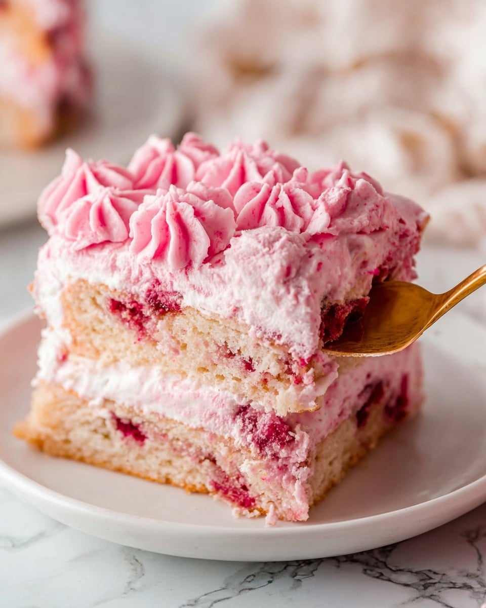A close-up of a slice of pink frosted cake on a white plate with a white marbled surface underneath. The cake has two main layers: a light brown sponge base with red berry bits, topped with thick pink whipped cream frosting piped in star shapes with darker pink streaks. A golden spoon is scooping a part of the cake from the side, showing the soft texture inside. The background is softly blurred, highlighting the creamy and textured cake in the front. photo taken with an iphone --ar 4:5 --v 7