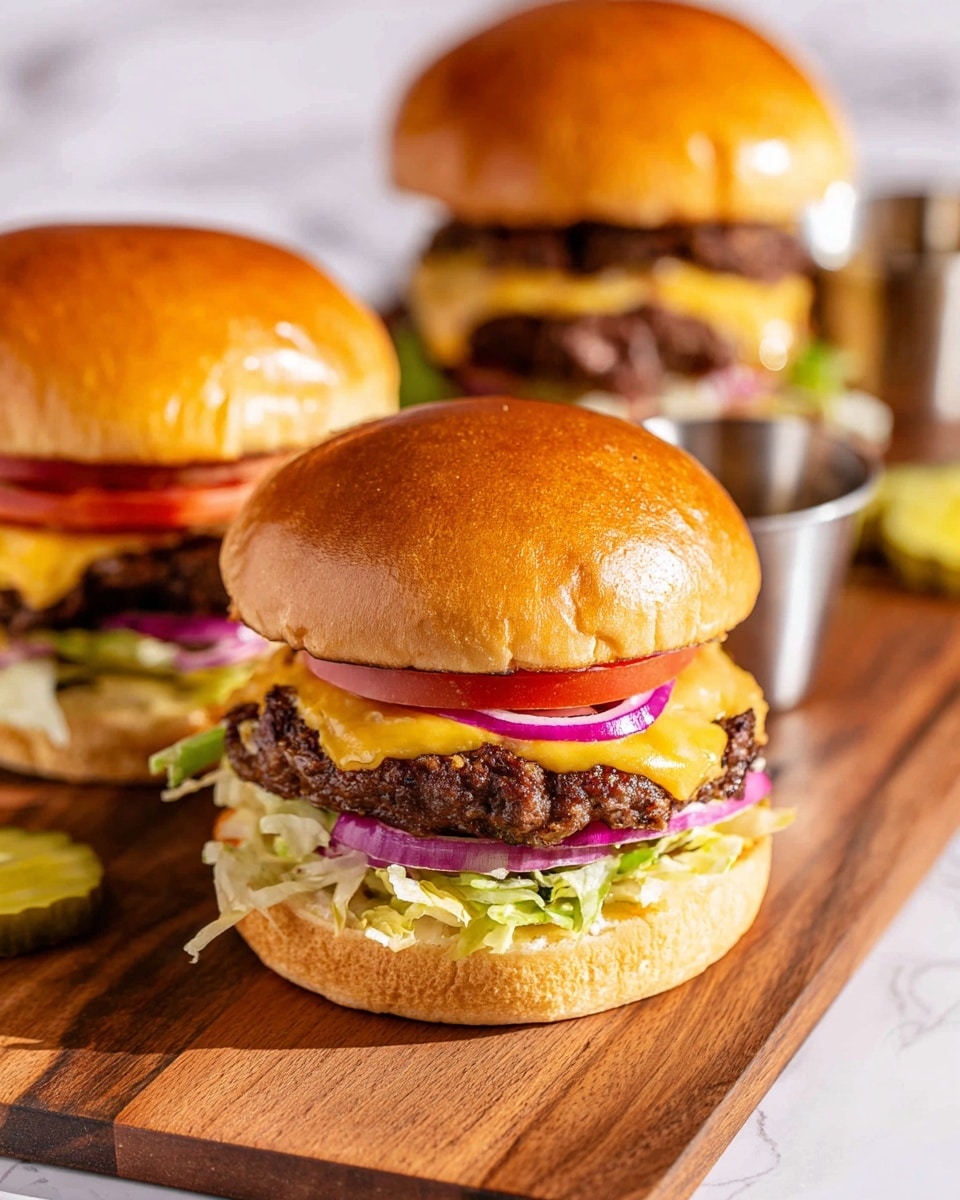 Three cheeseburgers are shown on a wooden board placed on a white marbled surface. Each burger has a shiny golden top bun, with two thick dark brown beef patties layered with melted yellow cheese. Below the patties are slices of red tomato, pickles, thin purple onion rings, shredded light green lettuce, and a bottom golden bun. The foreground burger is in clear focus, showing all layers in detail, while the other two burgers are slightly blurred in the background. Small silver containers, likely with sauces, and pickle slices are beside the burgers. photo taken with an iphone --ar 4:5 --v 7
