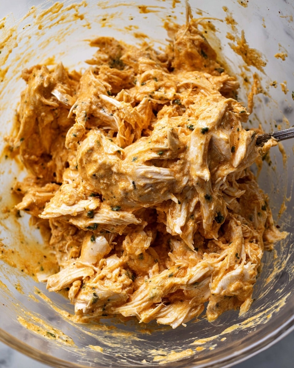 This image shows a close-up view of shredded chicken mixed with a creamy orange sauce. The chicken pieces are fibrous and varied in size, coated well in the sauce, which has a smooth but slightly textured look with visible black pepper and herbs mixed in. The mix sits inside a clear glass bowl, with the inner sides smeared with the sauce, and part of a metal spoon is barely visible in the lower right corner, suggesting stirring. The background is a white marbled texture. photo taken with an iphone --ar 4:5 --v 7