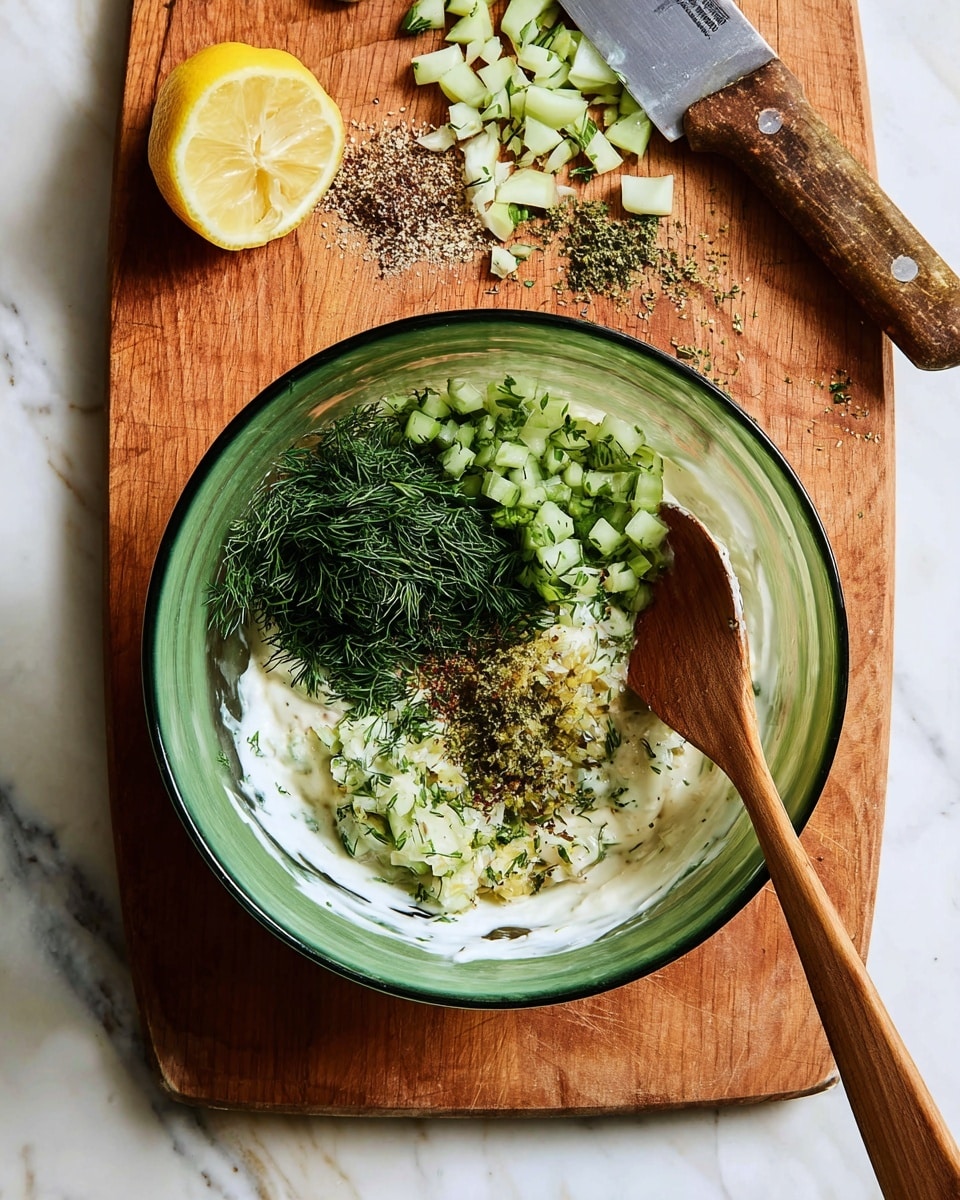 A light green glass bowl with a dark green rim contains several layers of ingredients: the bottom layer is thick white sauce, topped with small light green diced pieces, a pile of fresh dark green dill, and some crushed light brown and black spices sprinkled on top. A wooden spoon rests inside the bowl. Above the bowl on a wooden cutting board, there are scattered diced light green pieces with some dill around, a large knife with a light brown handle, and a half lemon. The background is a white marbled surface. Photo taken with an iphone --ar 4:5 --v 7