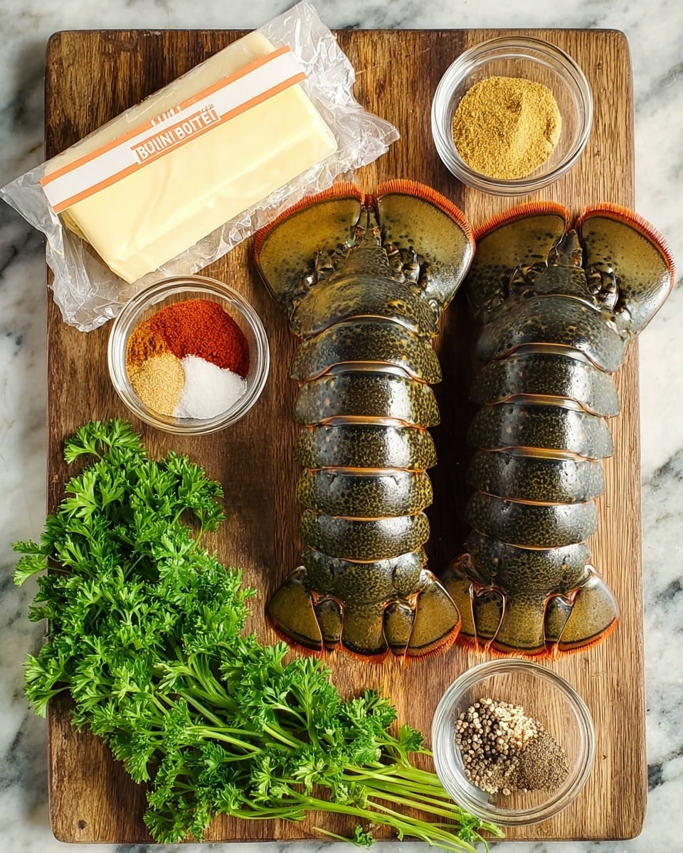 Two dark green lobster tails with rough, segmented shells are placed side by side on a wooden cutting board. Above the tails, a rectangular package of butter wrapped in white paper with orange text is positioned. To the right of the tails, a small clear glass bowl contains five different spices arranged in sections: a pale beige powder, a bright red powder, a golden powder, coarse white salt, and cracked black pepper. Below the bowl, a small bunch of fresh bright green parsley with curly leaves sits on the board. The background is a white marbled texture photo taken with an iphone --ar 4:5 --v 7