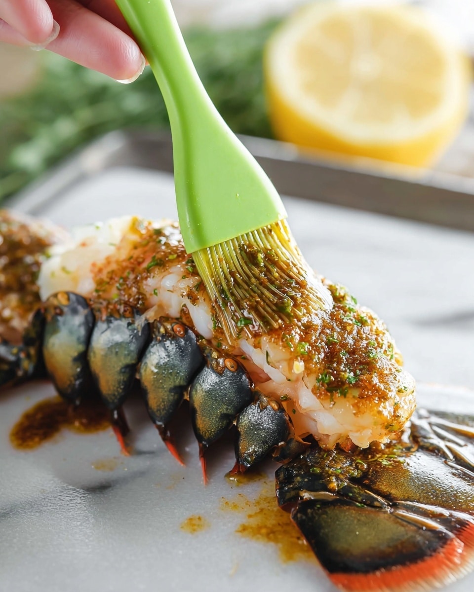 A close-up view of a large raw lobster tail with dark green and black shell on the bottom and translucent white flesh on top, resting on a white marbled surface. A green silicone brush is in the center, held by a woman's hand out of frame, brushing a thick layer of mixed herbs and spices in an oily reddish-brown sauce over the lobster flesh. Some sauce drips onto the marbled surface. In the background, a lemon slice and green herbs are softly blurred. Photo taken with an iphone --ar 4:5 --v 7