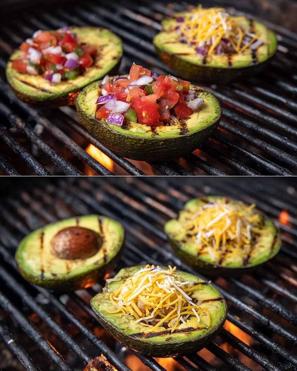 The image shows four avocado halves on a grill with distinct dark grill marks. The first layer is the smooth green avocado flesh visible after removing the pit, with some halves still holding the pit. On top of the avocado flesh, a second layer of diced red tomatoes and possibly some onions or peppers adds texture and bright color. The last layer is a generous topping of shredded yellow and white cheese, scattered unevenly over the avocado, melting slightly on the warm surface. The grill bars and faint flames can be seen underneath, adding a smoky feel. photo taken with an iphone --ar 4:5 --v 7