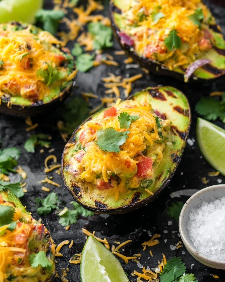 The image shows grilled avocado halves filled with a colorful mixture. The bottom layer is the green avocado with grill marks, holding a creamy filling with small chunks of red tomato and bits of white. On top is a melted yellow-orange shredded cheese layer, sprinkled with fresh green cilantro leaves. The avocado halves are on a dark surface with some scattered shredded cheese around, accompanied by a lime wedge and some cilantro leaves nearby. A small white bowl filled with coarse salt is also visible. Photo taken with an iphone --ar 4:5 --v 7