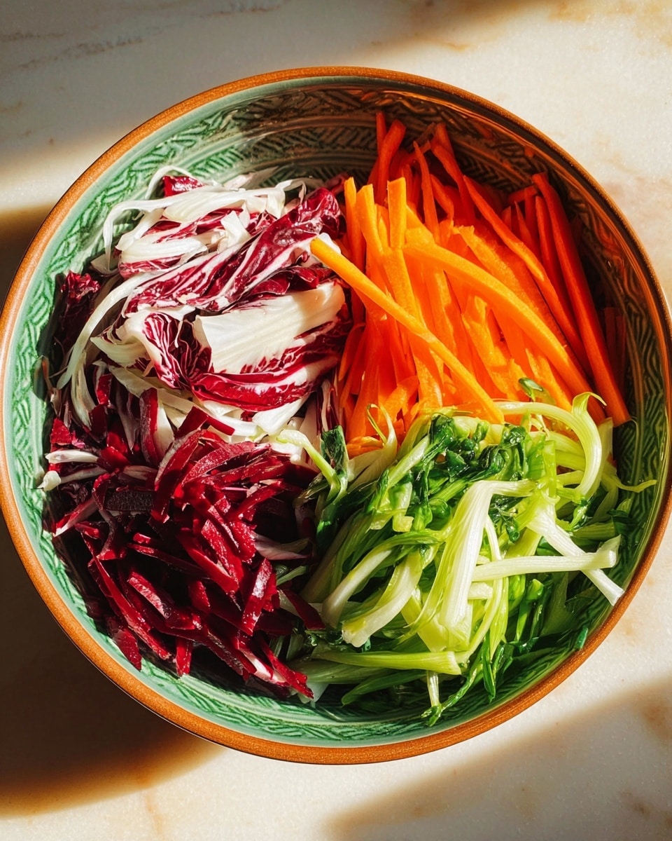 A round bowl holds three neat piles of thinly sliced vegetables arranged side by side. On the left, there is a stack of bright red and white radicchio leaves with a slightly crinkled texture. Next to it in the center, there is a vibrant pile of thin orange carrot sticks, long and straight. On the right, there are fresh light green and dark green leafy vegetable slices with a leafy texture and some thin white stalks mixed in. The bowl itself has an earthy green and brown pattern and sits on a white marbled surface. Sunlight casts soft shadows across the bowl and vegetables. Photo taken with an iphone --ar 4:5 --v 7