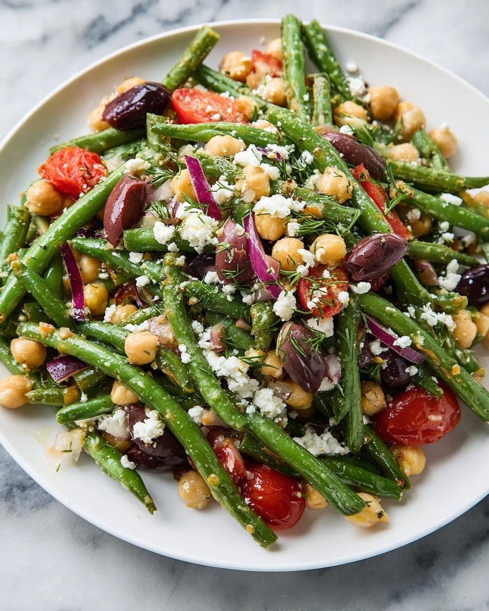A white plate is full of a colorful salad that has three main layers: bright green fresh green beans cut into short pieces form the base layer, mixed with light beige chickpeas scattered throughout. On top, there are whole and halved small red tomatoes, dark purple olives, and small bits of red onion adding pops of color. The dish is sprinkled with white crumbled cheese and finely chopped green herbs, making it look fresh and vibrant. The plate rests on a white marbled surface. photo taken with an iphone --ar 4:5 --v 7
