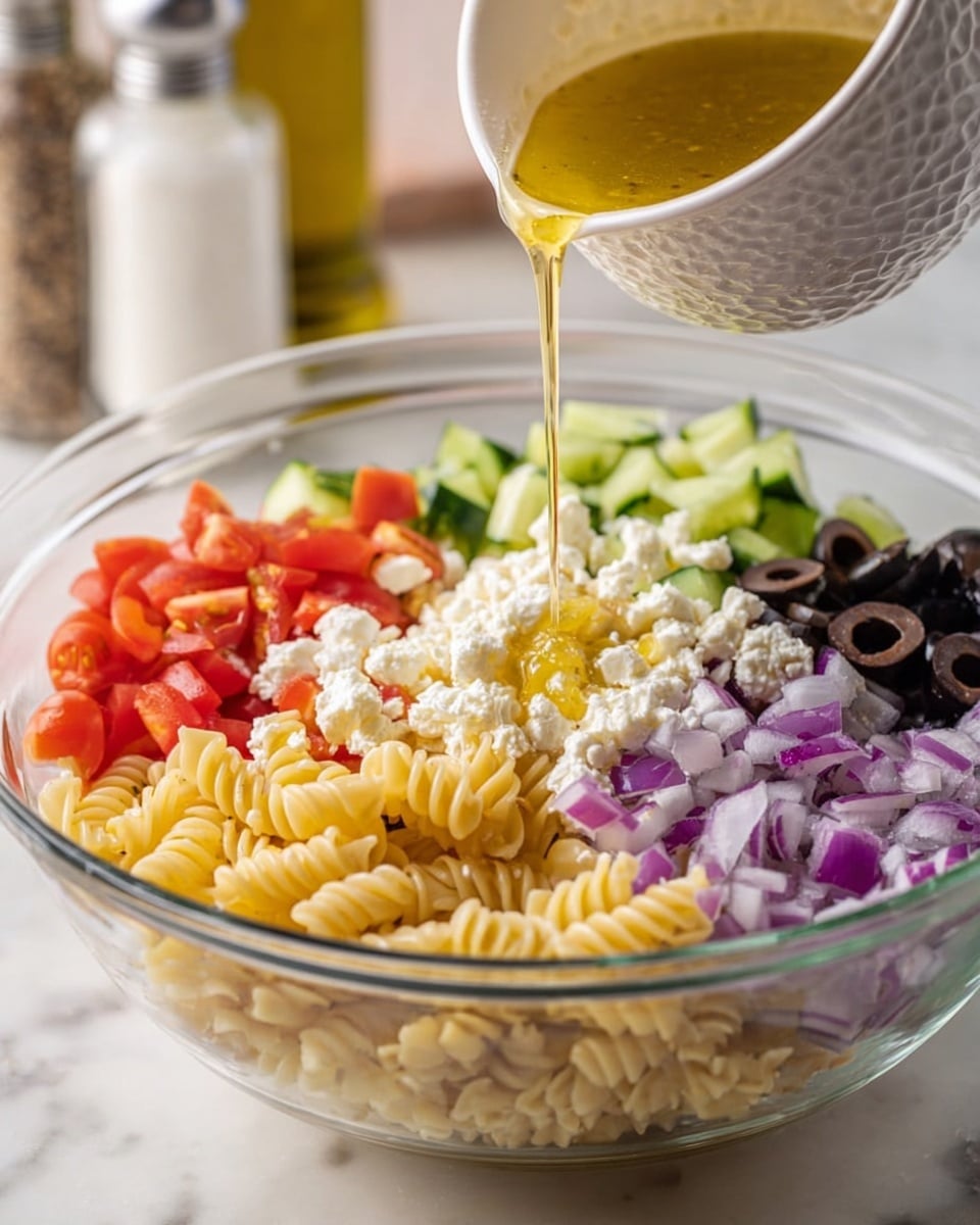 A clear glass bowl filled with six different layers of ingredients arranged in sections: spiral pasta in pale yellow at the bottom left, chopped cucumber in green to the back left, diced red tomatoes in the center back, crumbled white cheese to the right back, sliced black olives in the middle right, and chopped purple onions at the front right. A white textured small bowl is tilted above the glass bowl, pouring golden-yellow dressing onto the ingredients. The background is a white marbled surface with blurred salt and pepper shakers visible. Photo taken with an iphone --ar 4:5 --v 7