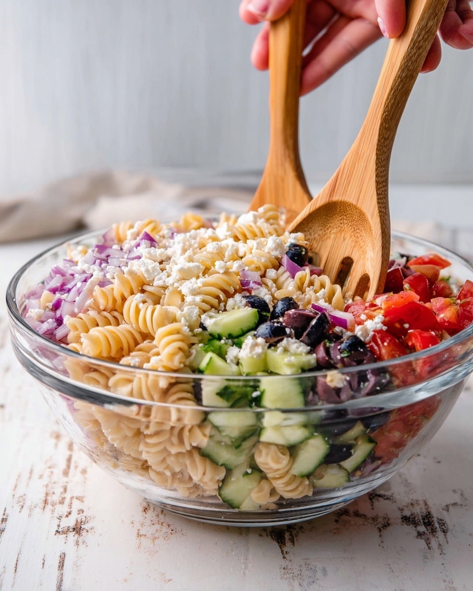 A clear glass bowl filled with a colorful pasta salad, showing three main layers: the bottom layer has cooked spiral pasta in a light beige color; the middle layer contains diced cucumber with green skin and white inside, and red tomato chunks; the top layer features sliced black olives, small white cheese crumbles, and finely chopped purple onion pieces. Two wooden spoons are lifting the salad, held by a woman's hand, over a white marbled surface with a blurred white background. Photo taken with an iphone --ar 4:5 --v 7